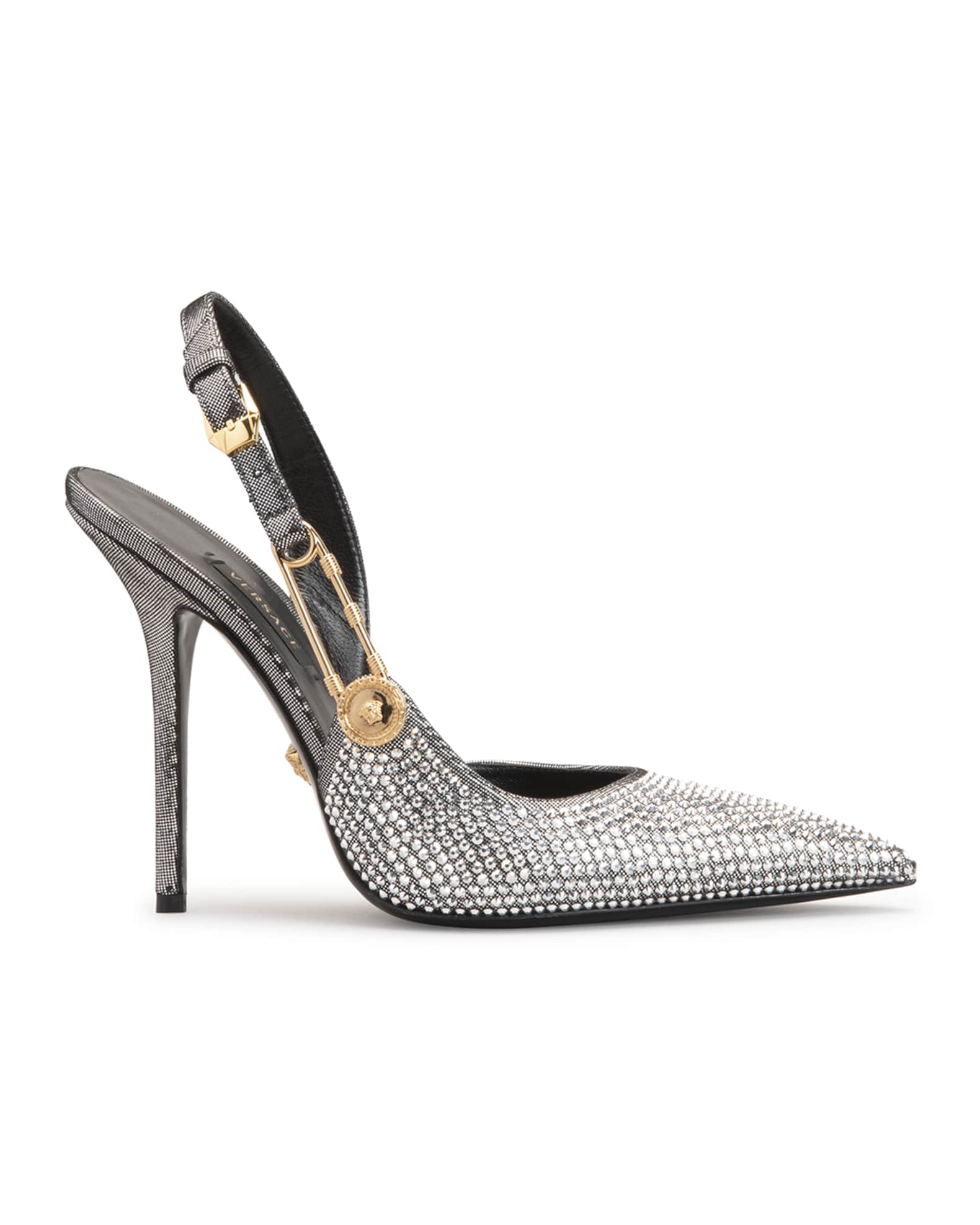 Silver Versace heels with safety pin