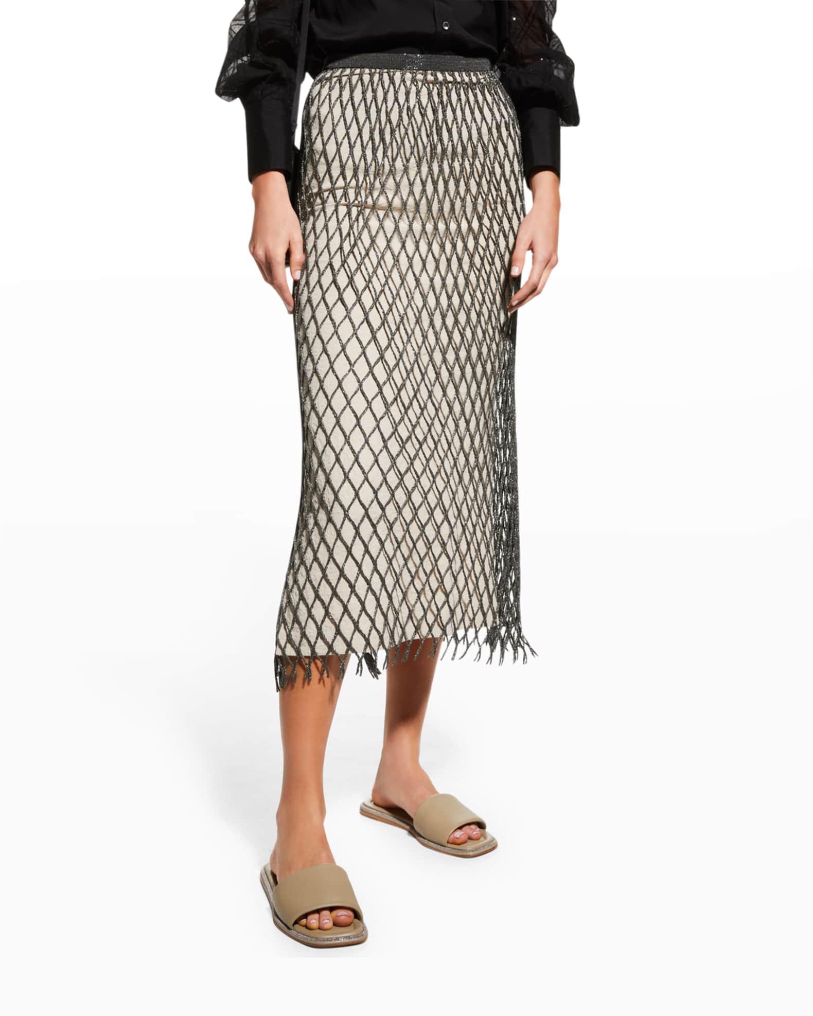 Brunello Cucinelli Monili Fishnet Midi Skirt w/ Linen Lining | Neiman ...