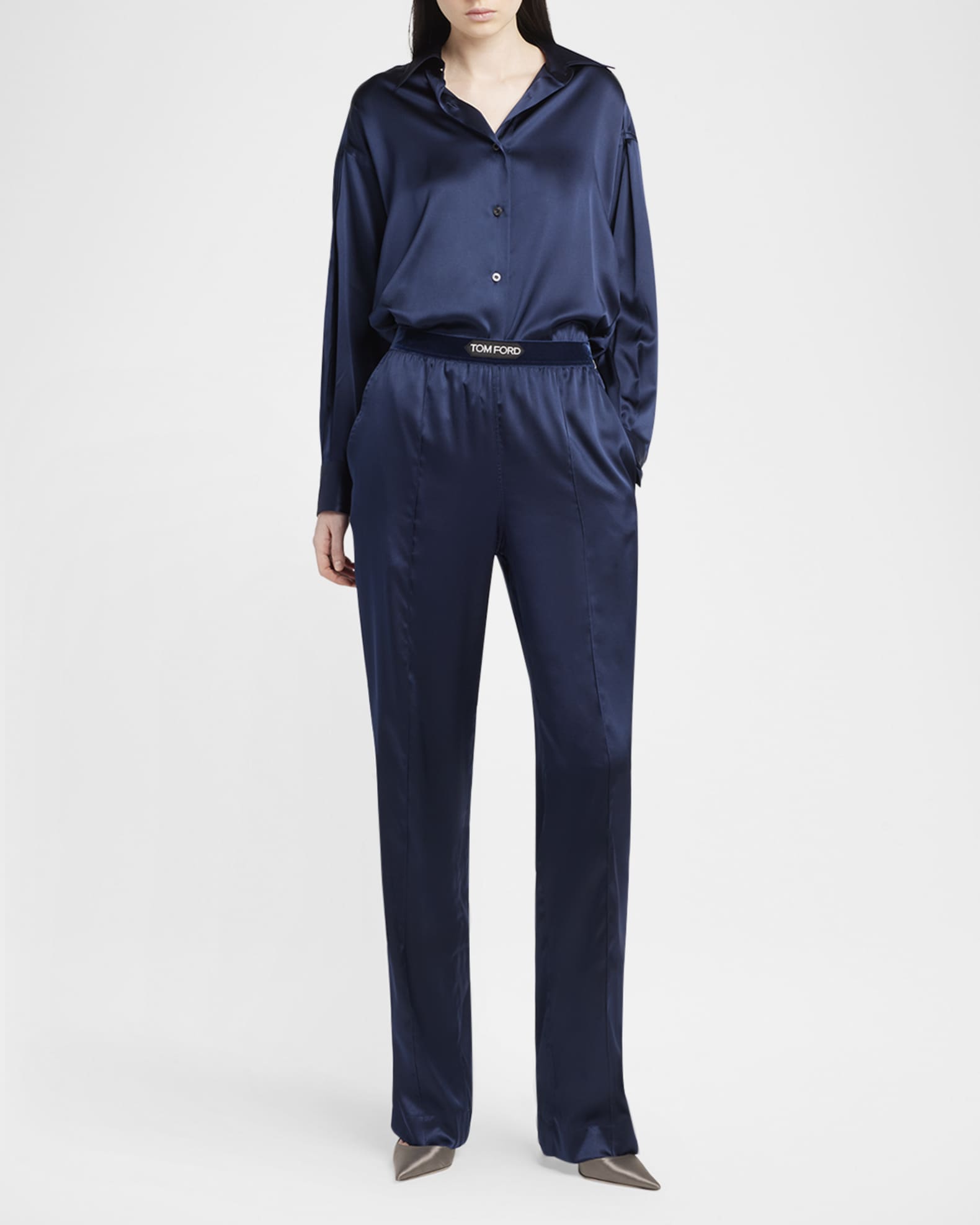 パンツ TOM FORD SILK PANTS TOM FORD Jacquard-trimmed stretch-silk satin wide-leg pants