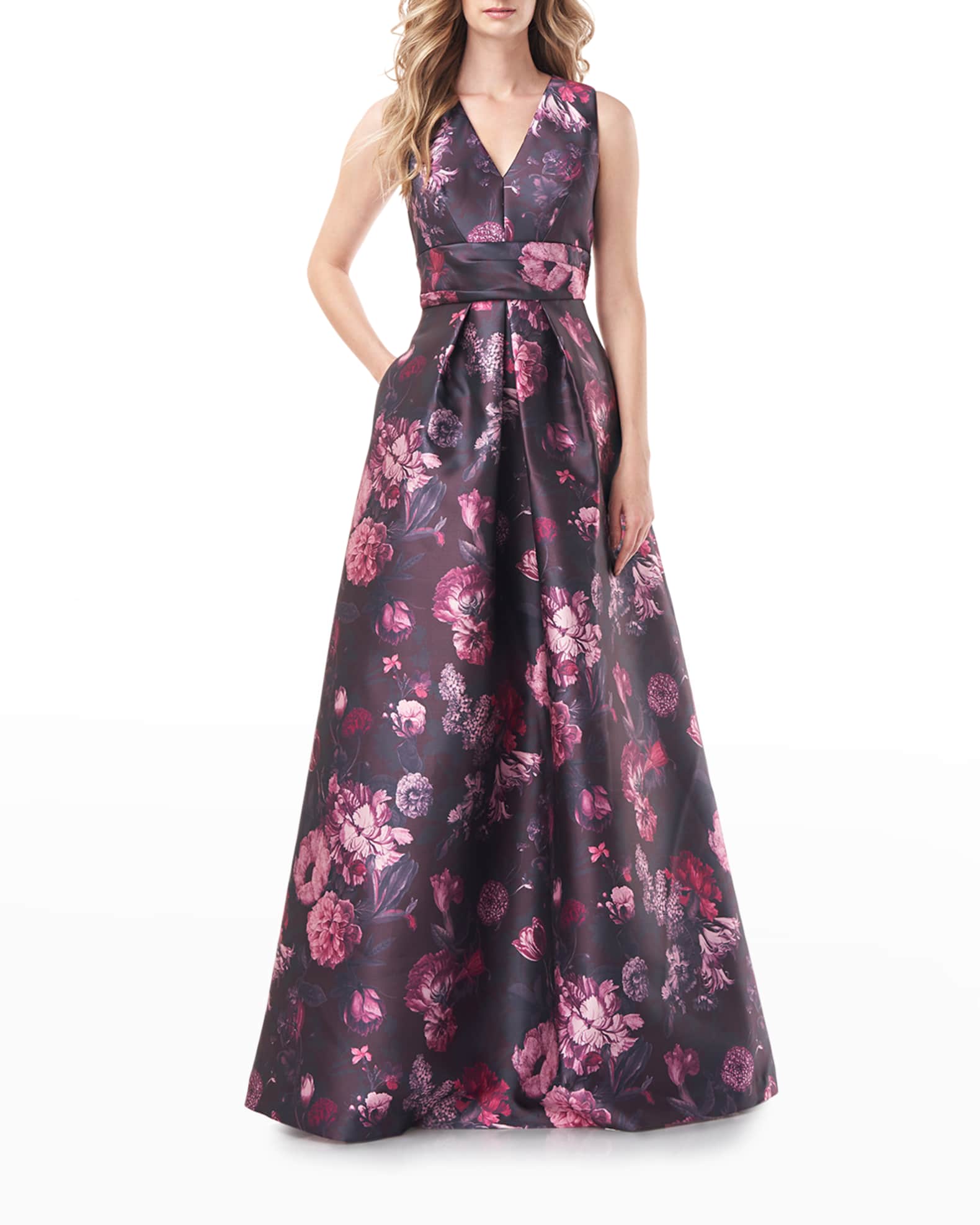 Kay Unger New York Elizabeth Floral-Print Mikado Gown | Neiman Marcus