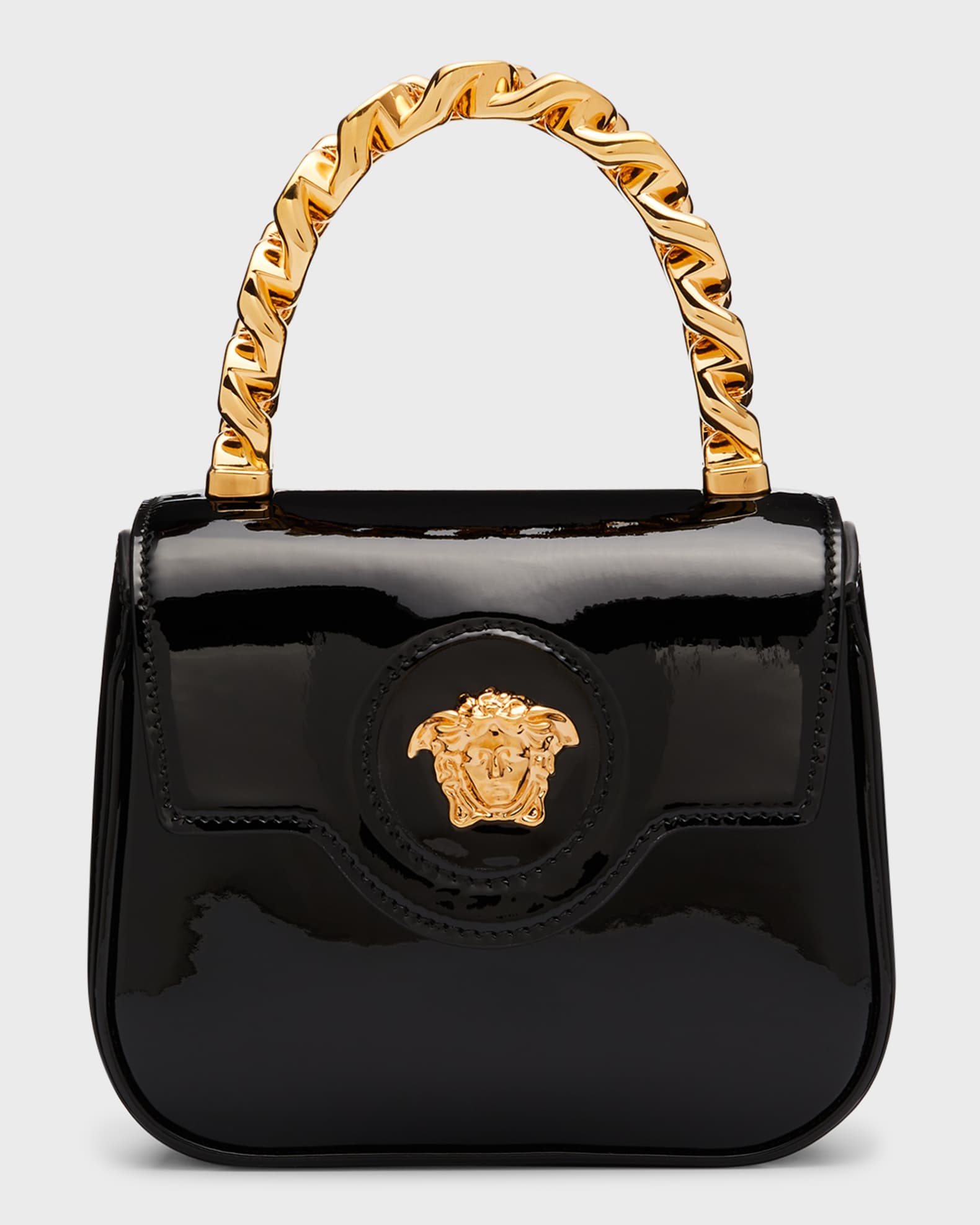 Medusa Patent Chain Top Handle Crossbody Bag