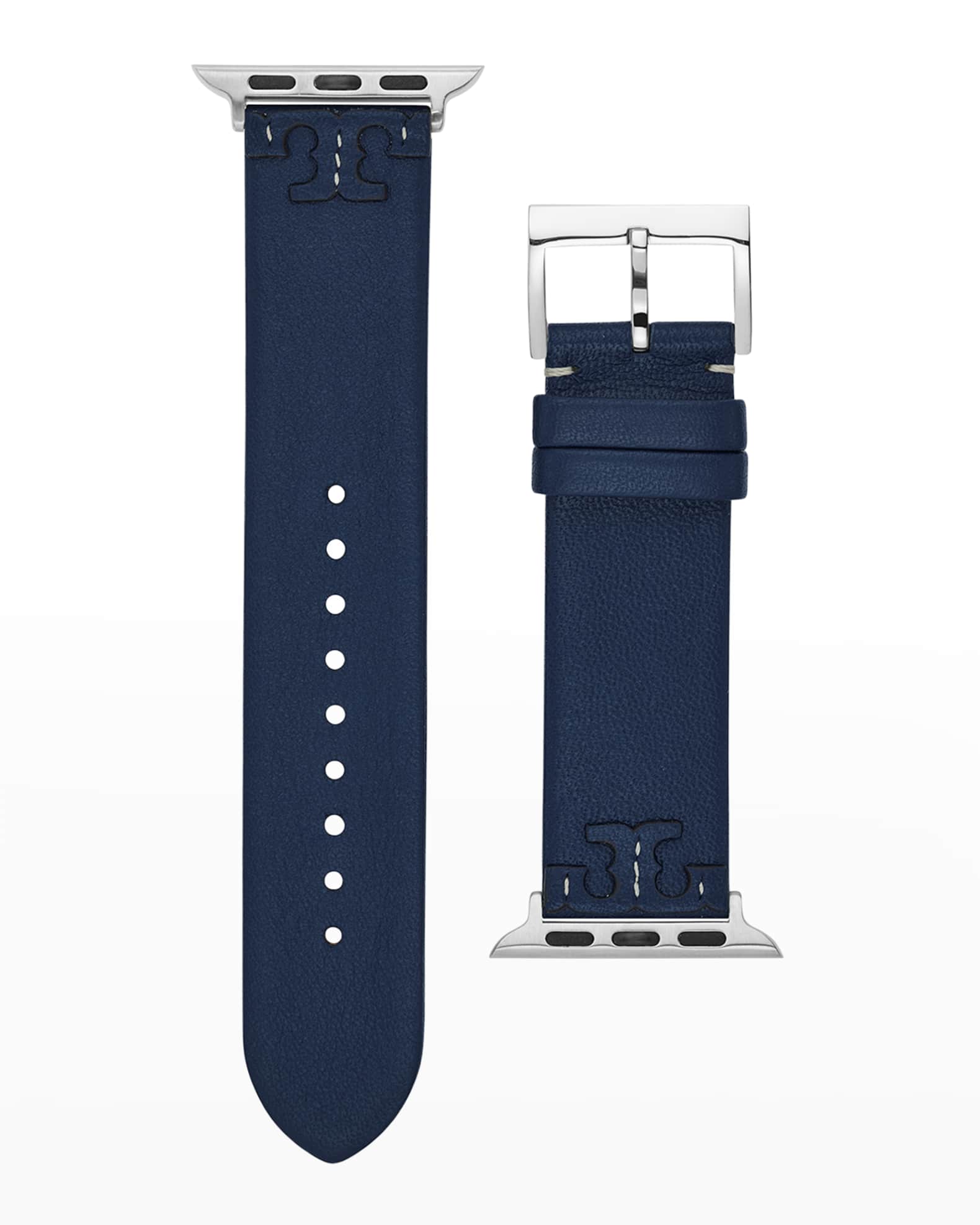 Tory Burch McGraw Leather Apple Watch Band in Navy, 38-40mm | Neiman Marcus