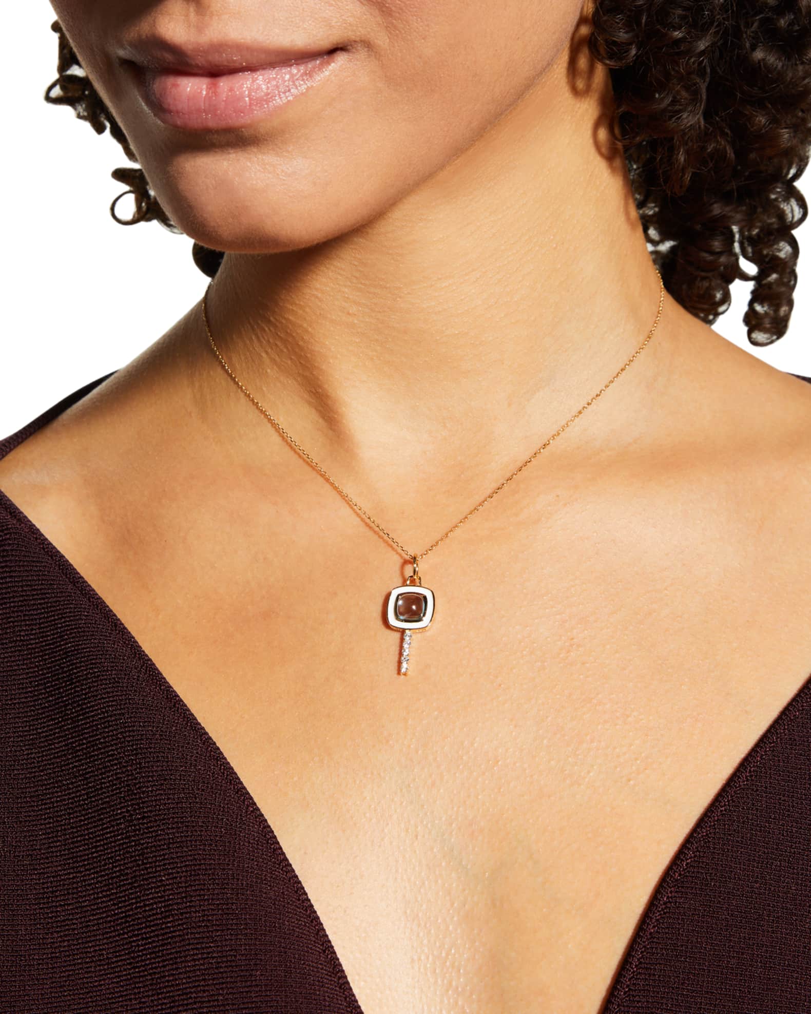 18K Yellow Gold Mini Cushion Key Necklace with White Enamel, Blue Topaz, and Diamonds 1