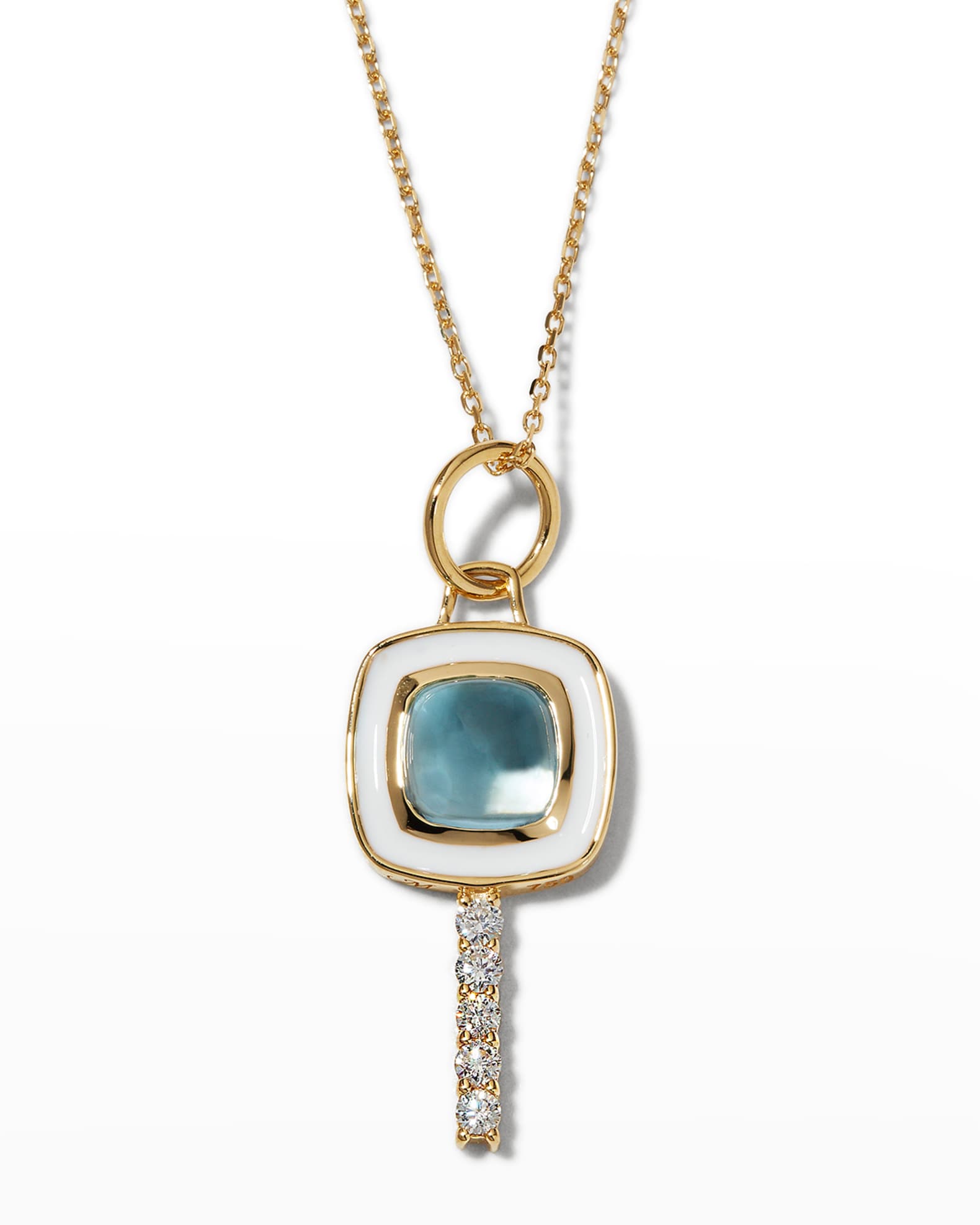 18K Yellow Gold Mini Cushion Key Necklace with White Enamel, Blue Topaz, and Diamonds 0
