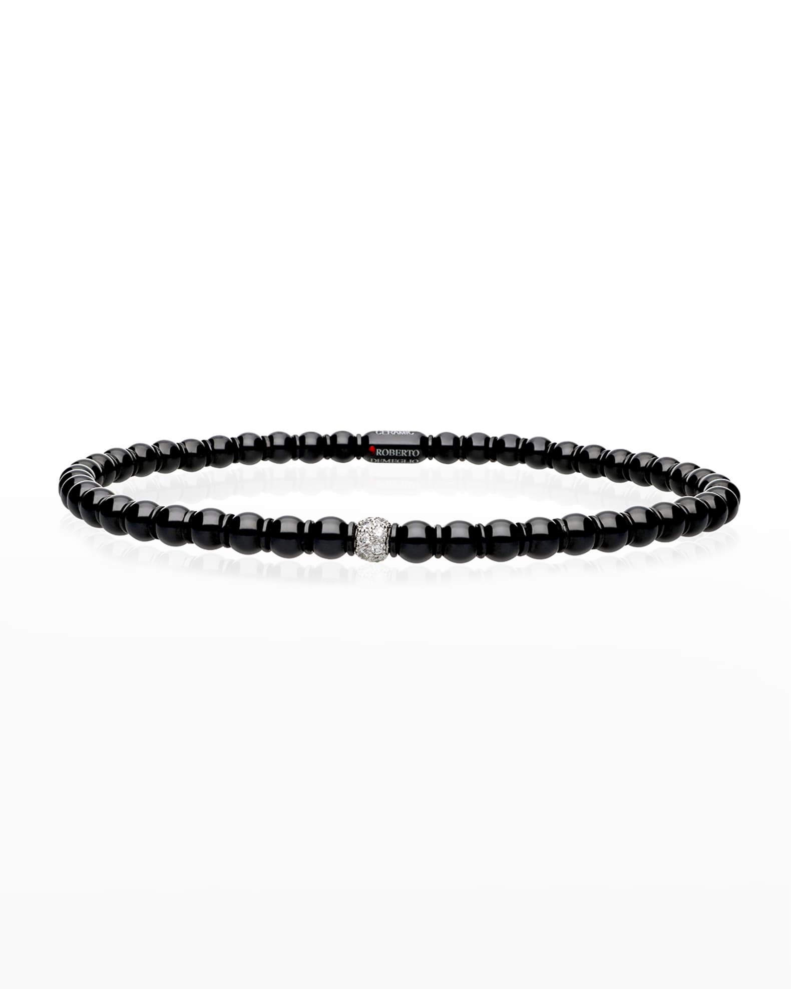 Roberto Demeglio White Gold and Black Ceramic Sfera Stretch Bracelet with One Diamond Bead
