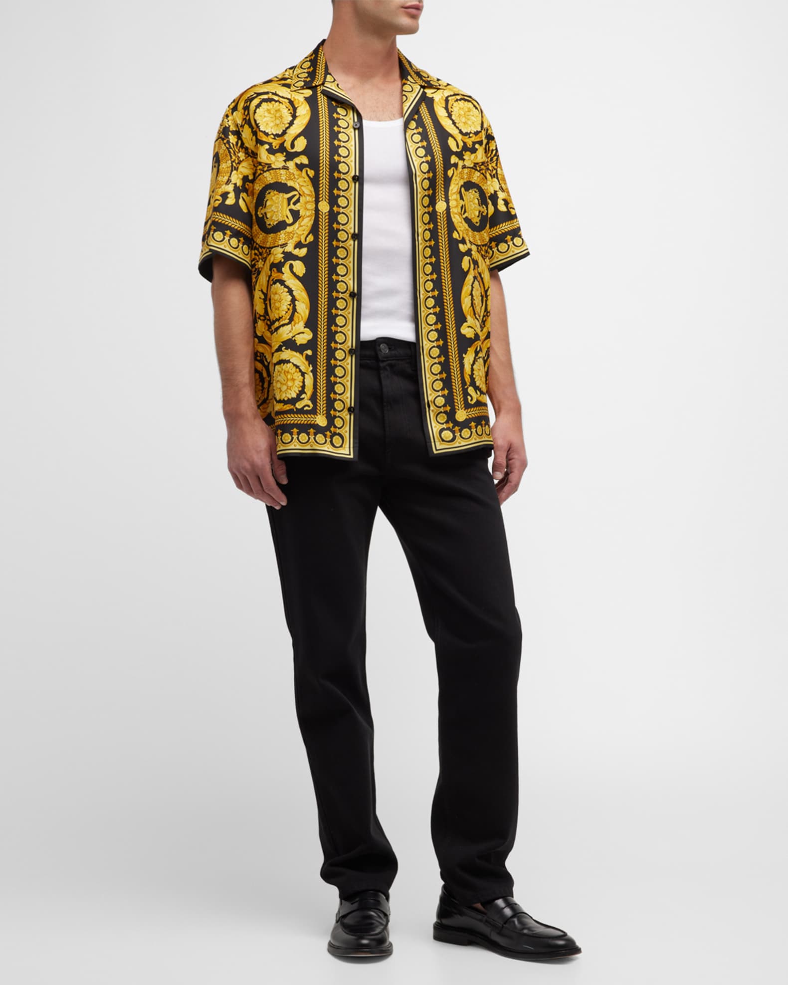 Men's Barocco Print Silk Shirt by Versace