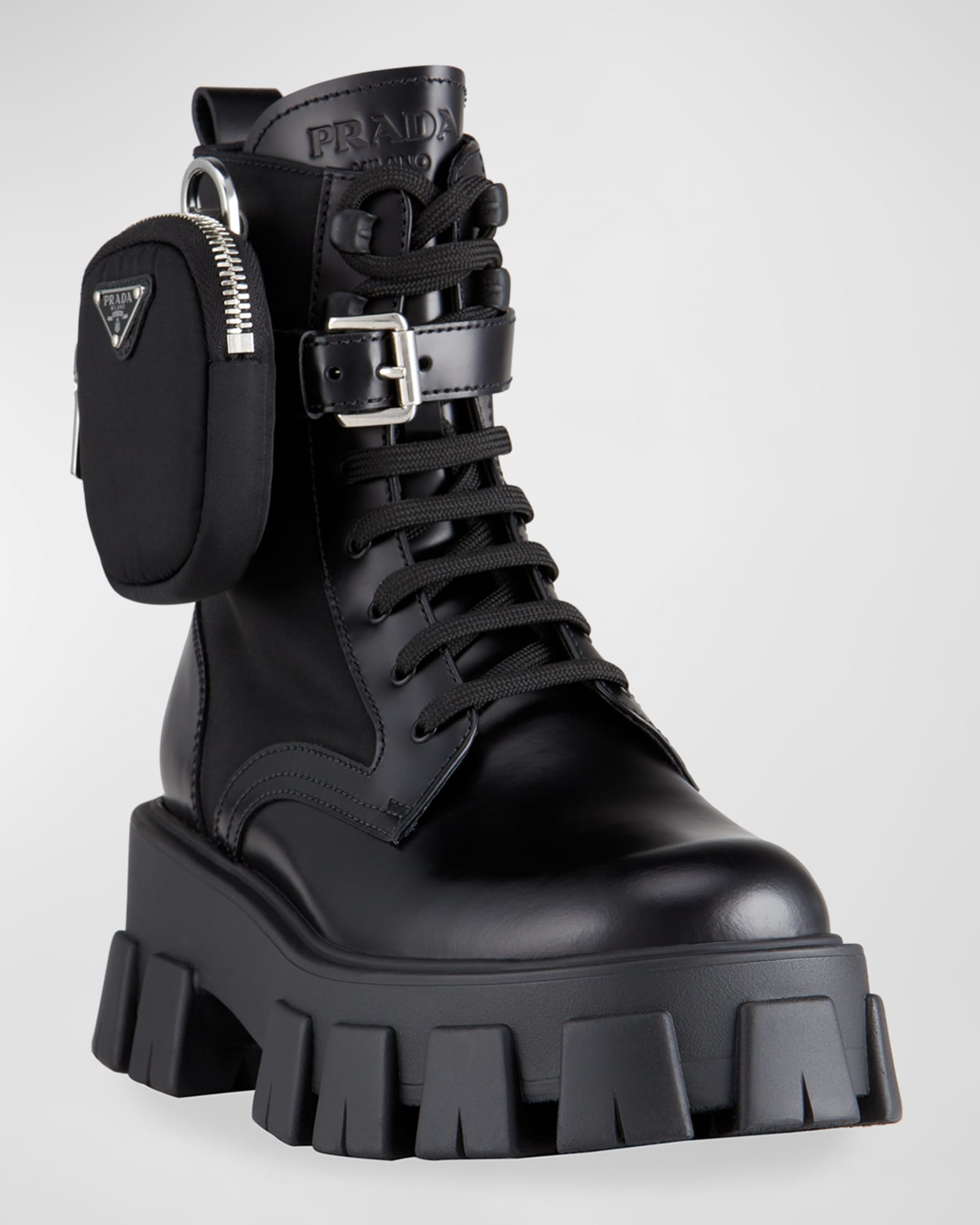 Prada Leather Zip Pocket Combat Booties | Neiman Marcus