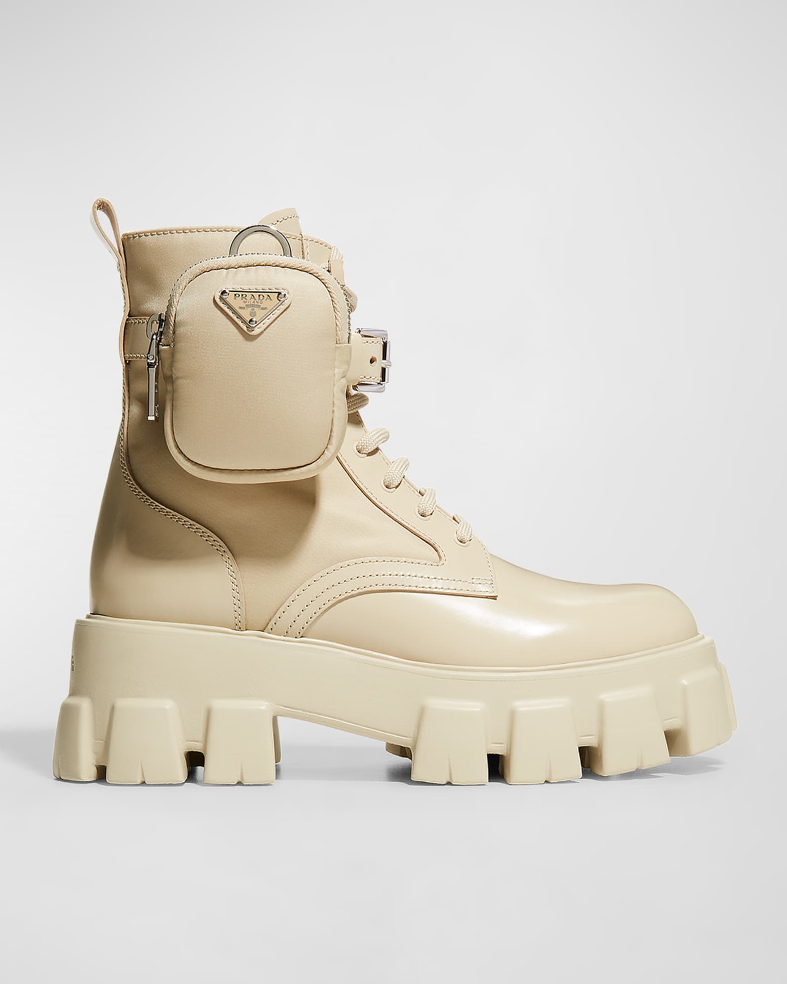 Prada Leather Zip Pocket Combat Booties | Neiman Marcus