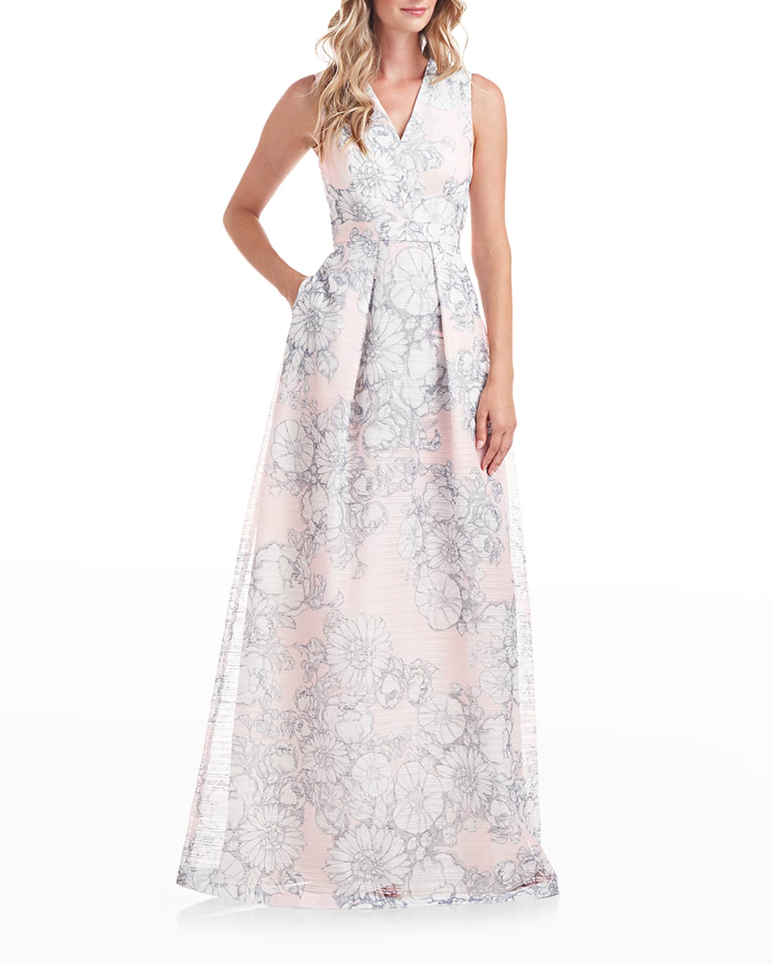 Kay Unger New York Eloise Floral-Print Pleated Gown | Neiman Marcus