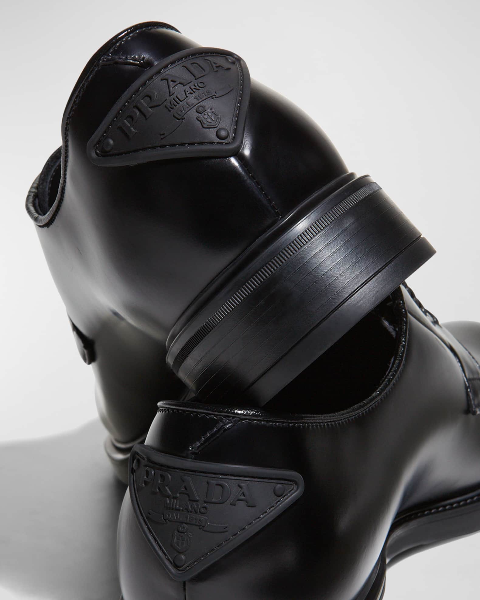 Prada Triangle Logo Shiny Leather Derby Shoes | Neiman Marcus
