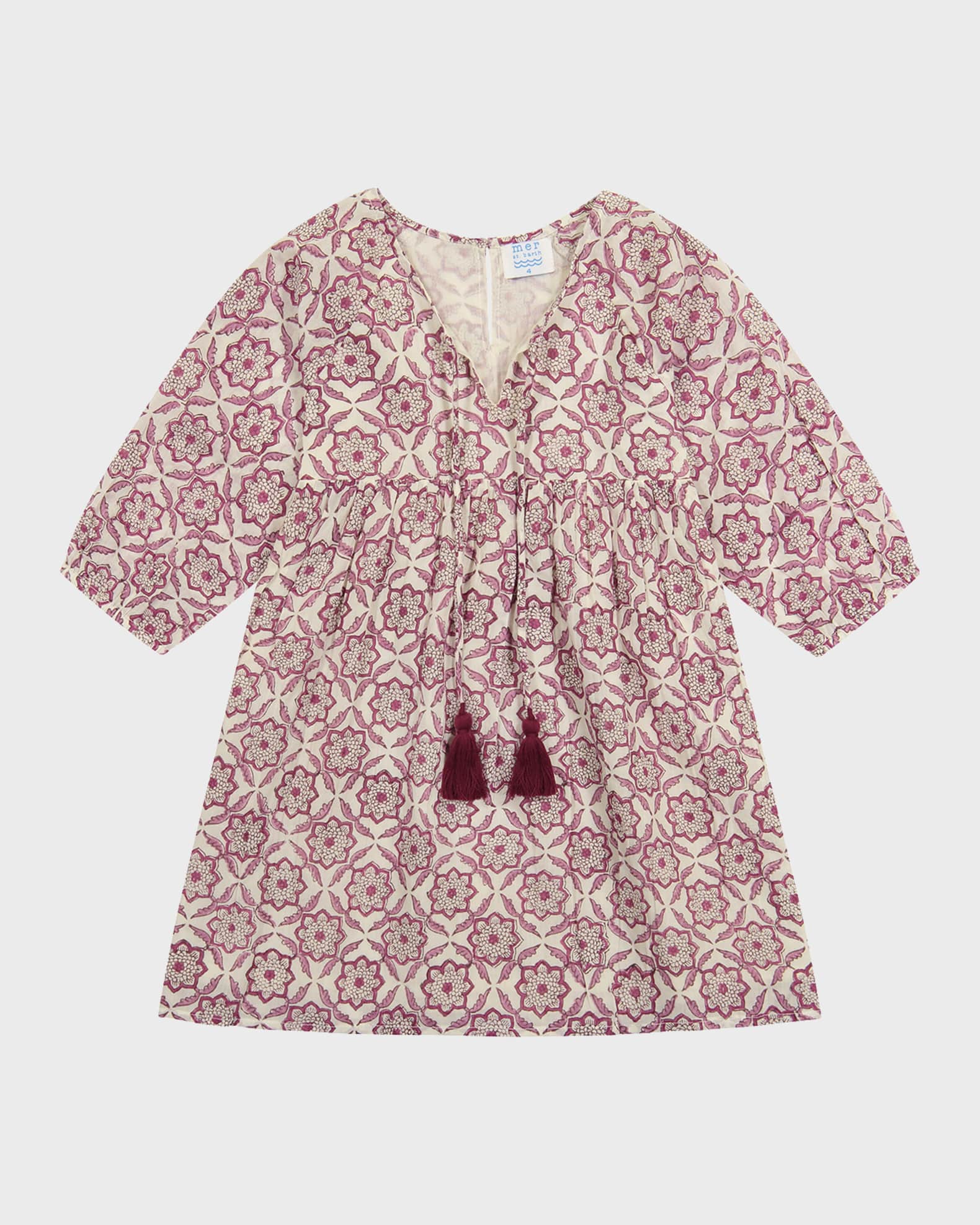 Mer St Barth Girl's Sara Block-Print Tassel Popover Dress, Size 2-10