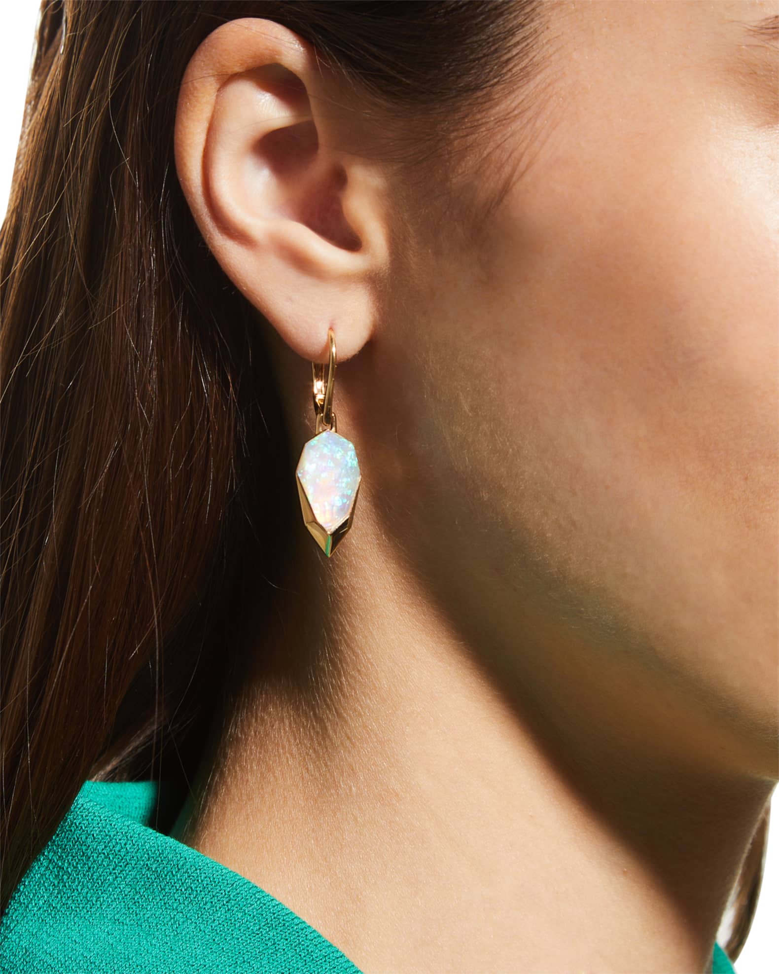 Yellow Gold Diced Pear Earrings with Opalescent Clear Quartz 1