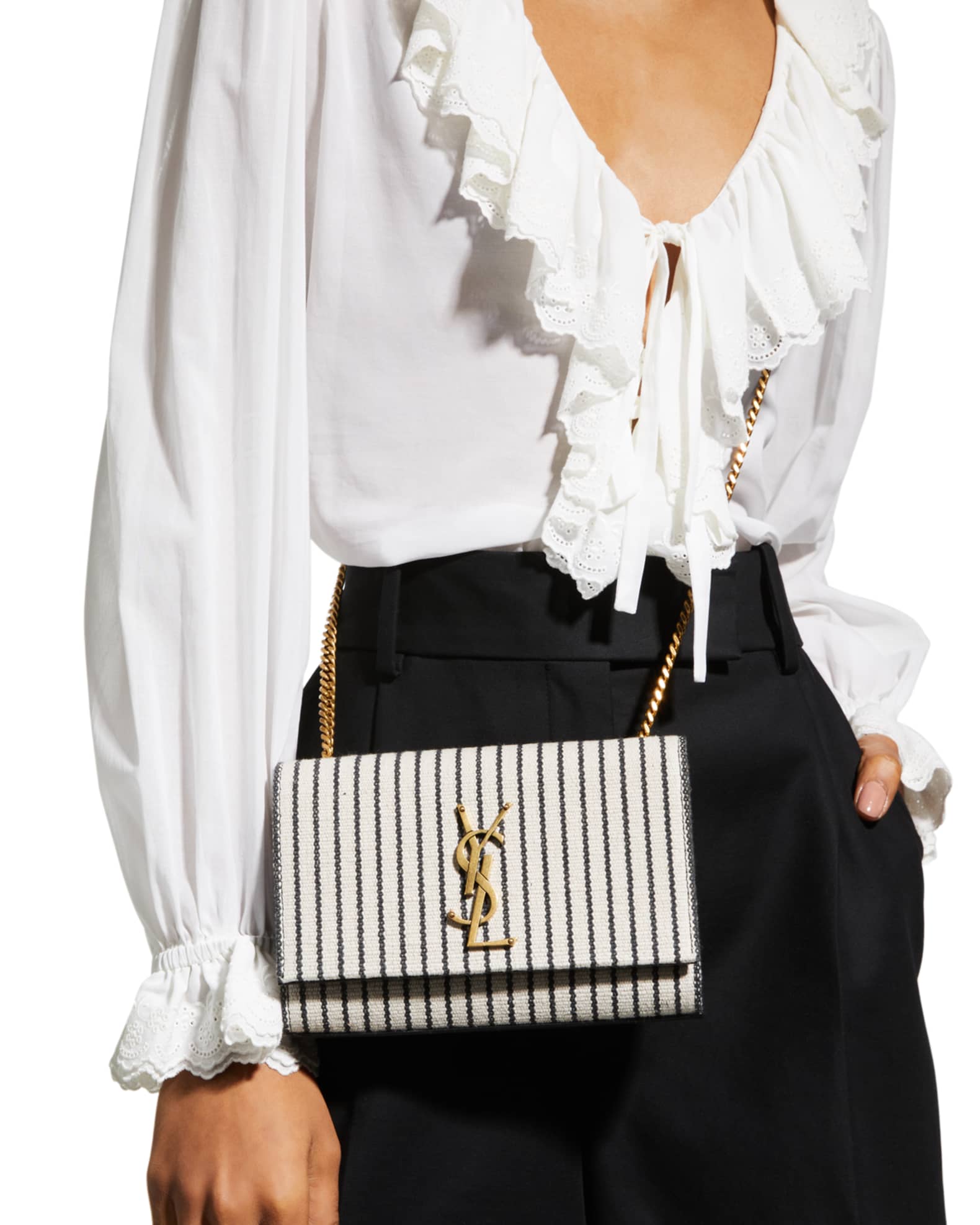 Saint Laurent Kate Small YSL Striped Canvas Shoulder Bag | Neiman Marcus