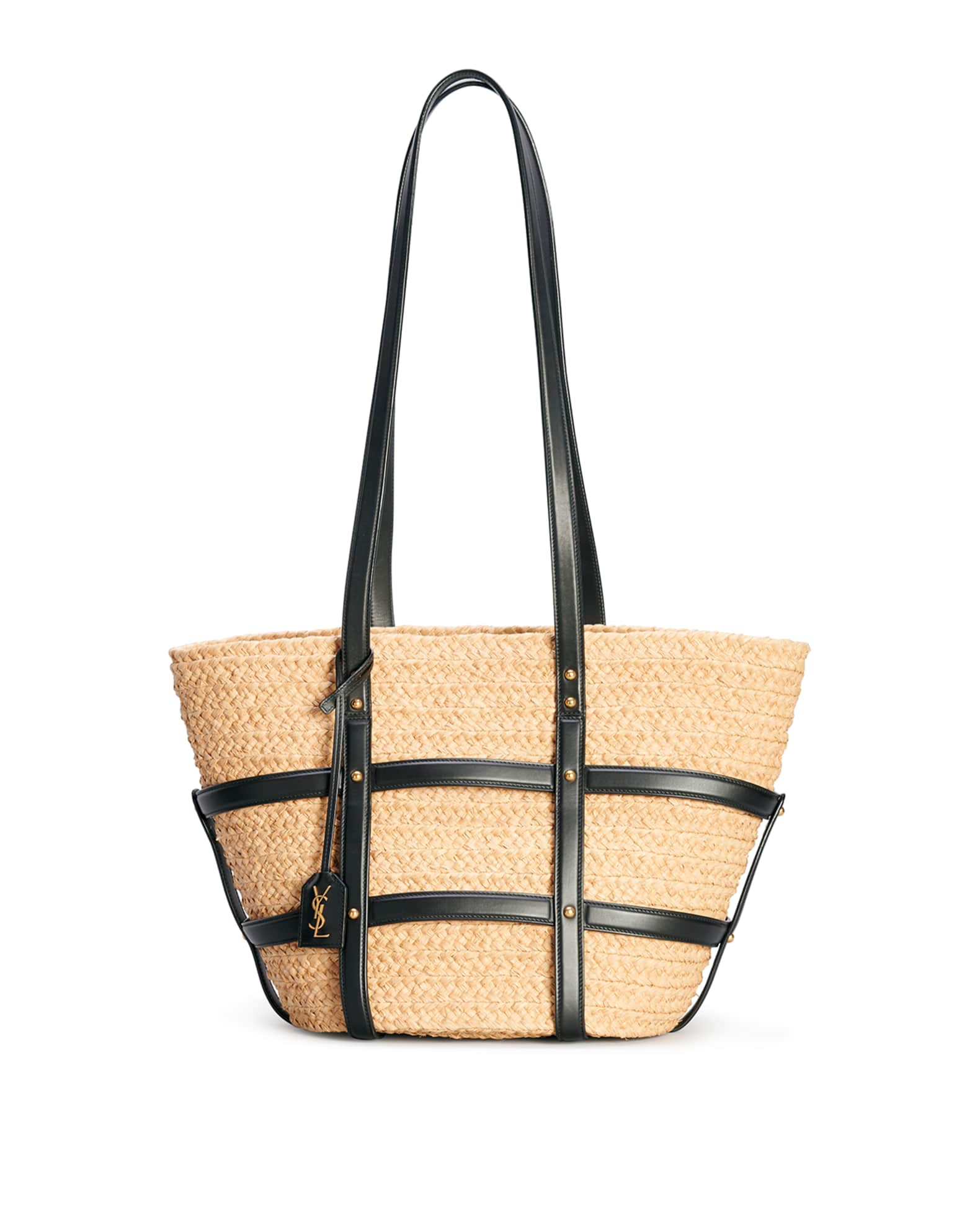 SHOPPING SAINT LAURENT TOY LEATHER-TRIMMED STRAW TOTE