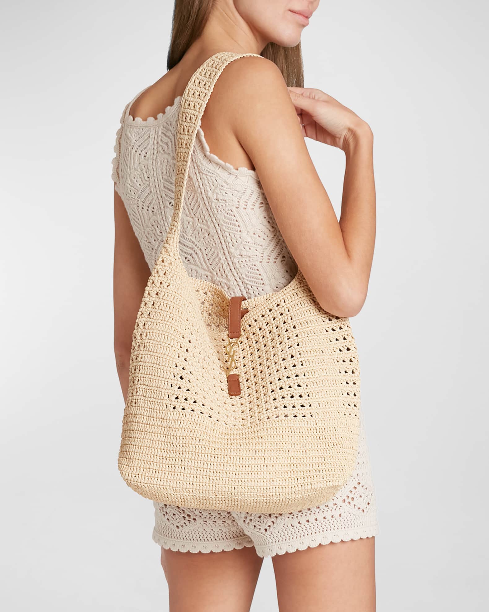panier medium bag in crochet raffia and smooth leather