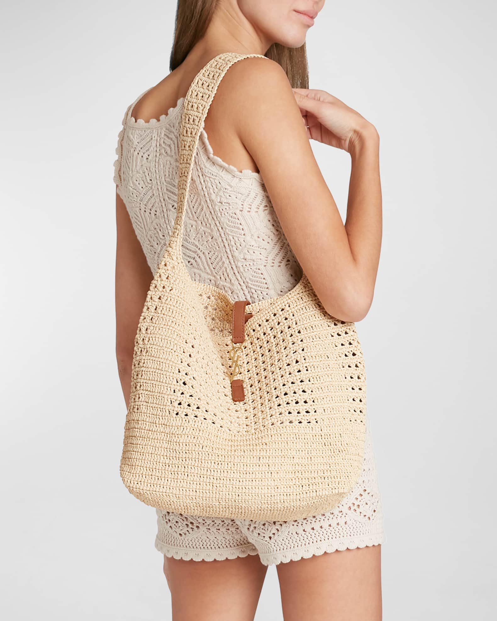 Beige YSL-plaque faux-raffia crochet tote bag, Saint Laurent