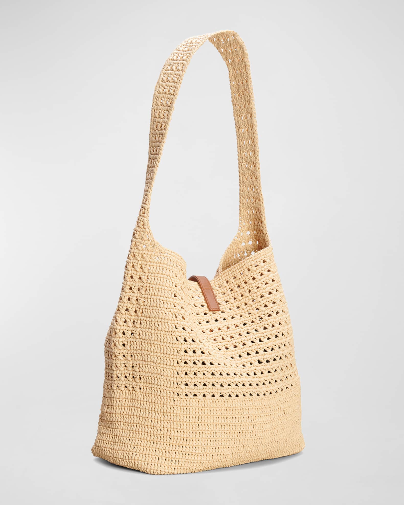 Beige YSL-plaque faux-raffia crochet tote bag, Saint Laurent