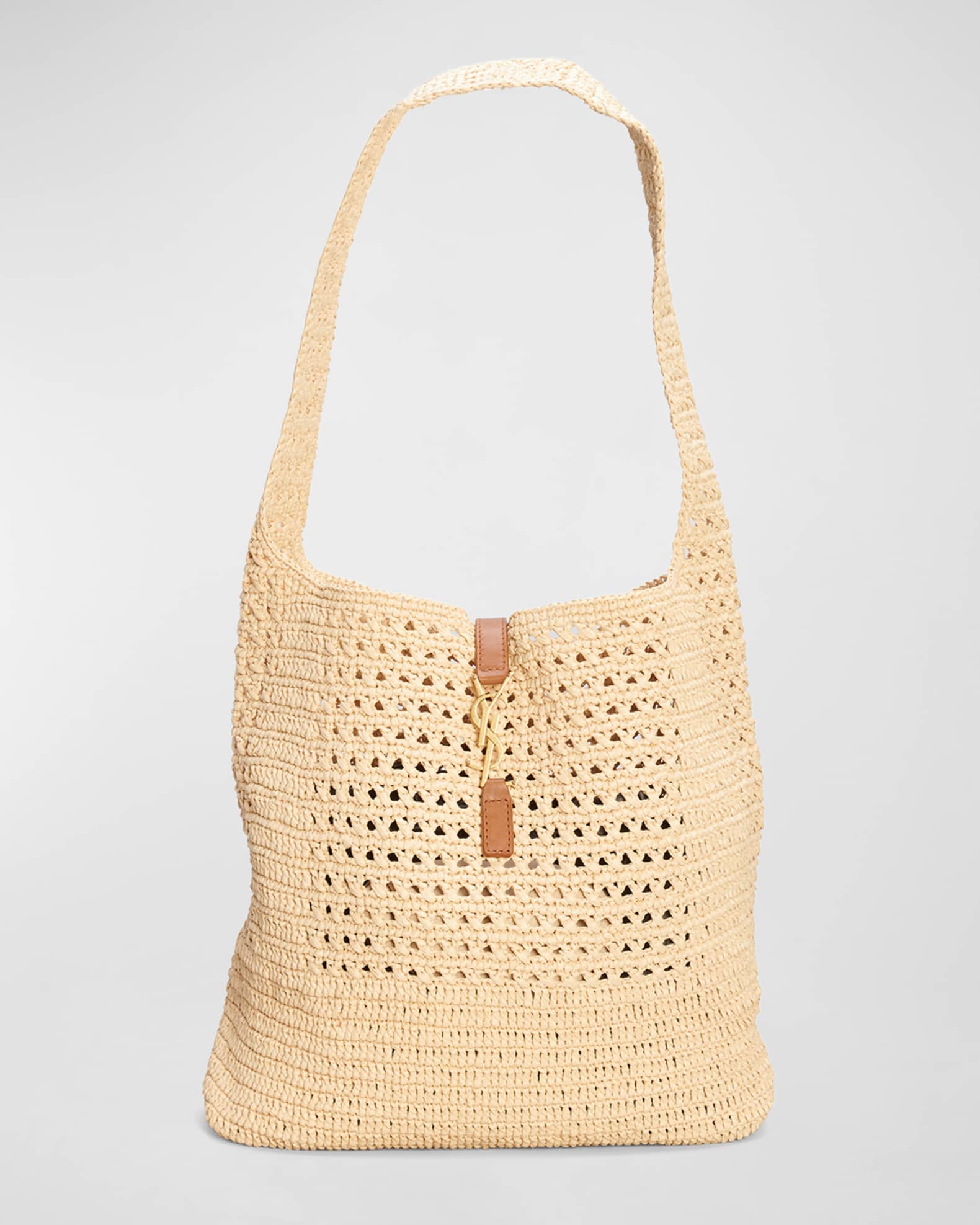 panier medium bag in crochet raffia and smooth leather