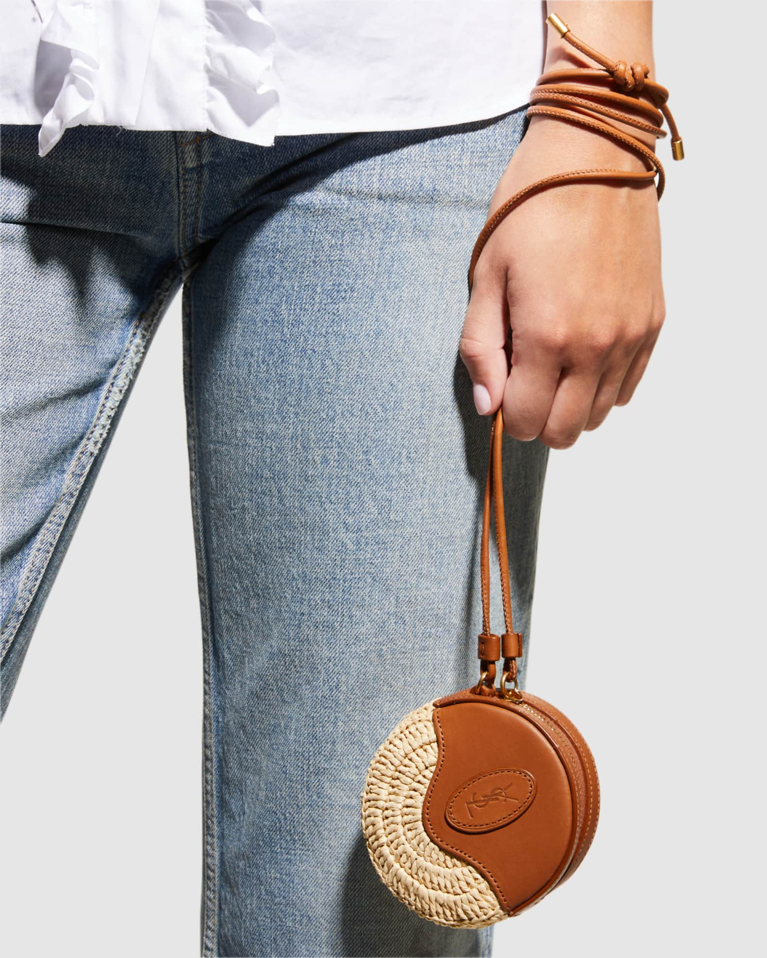 Saint Laurent YSL Round Crochet Raffia Crossbody Bag | Neiman Marcus