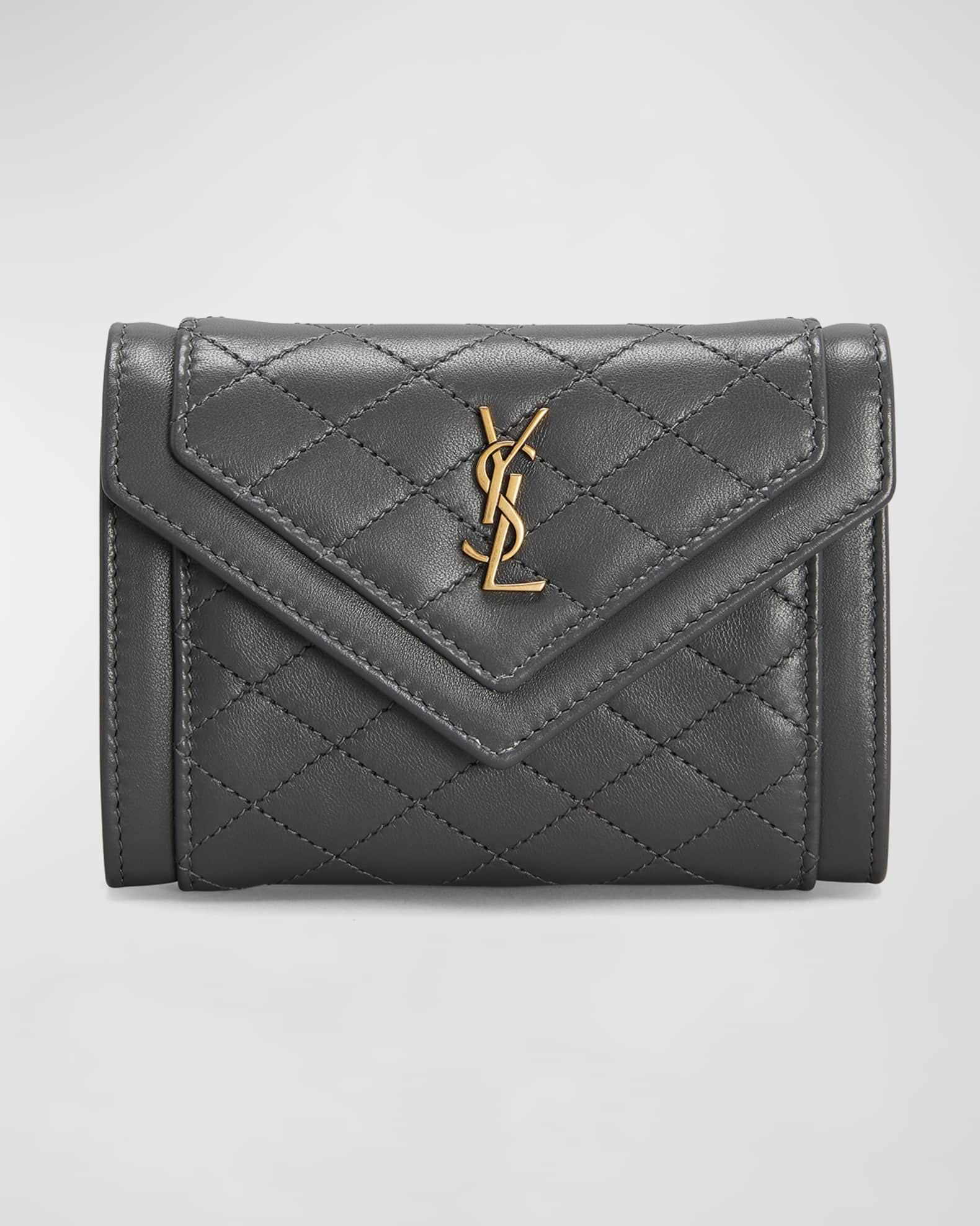 YVES SAINT LAURENT YSL Card Case Gaby Tri Fold Quilted Leather Dark Beige