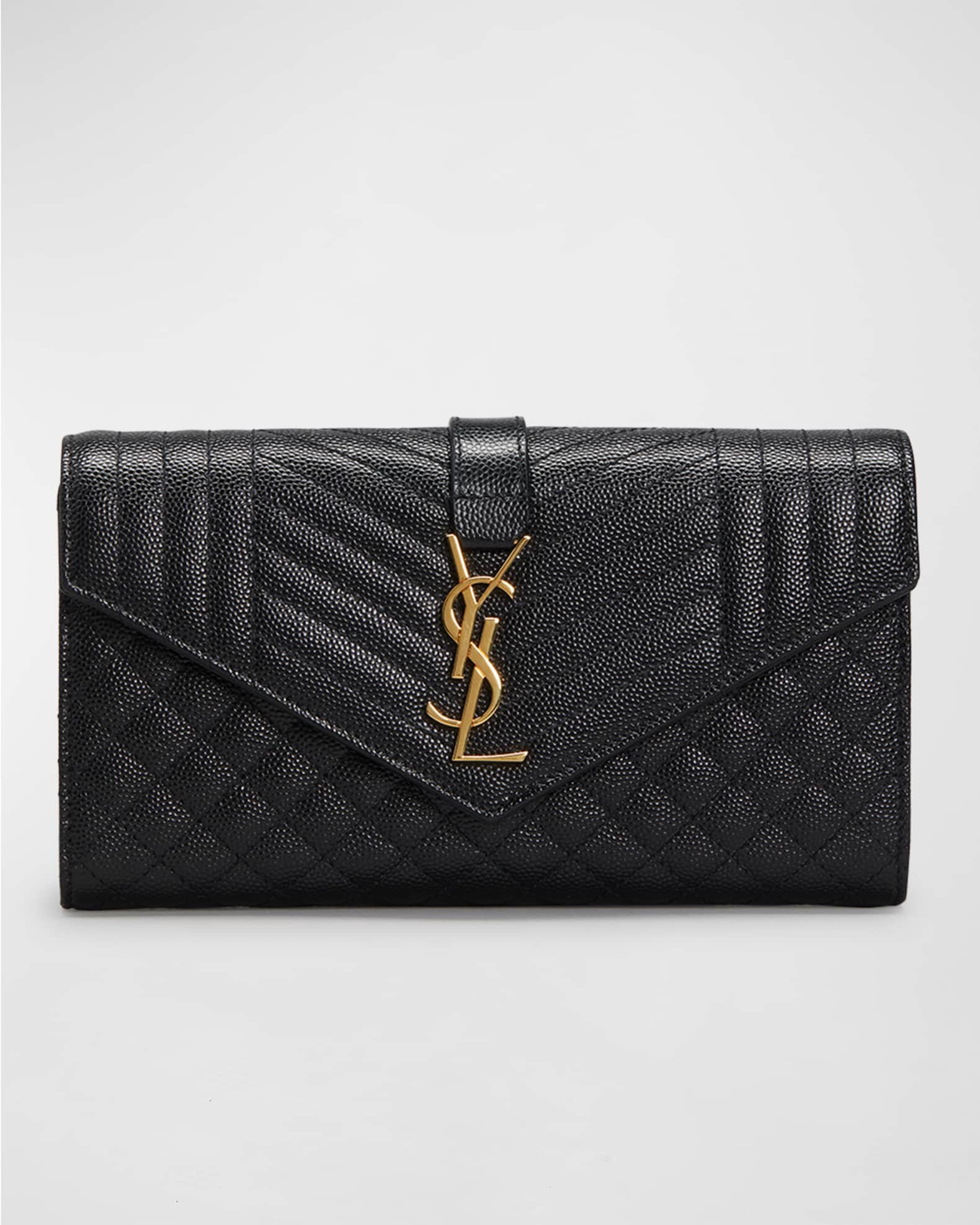 Saint Laurent Ysl Monogram Triquilt Large Ysl Flap Wallet in Grained Leather Black