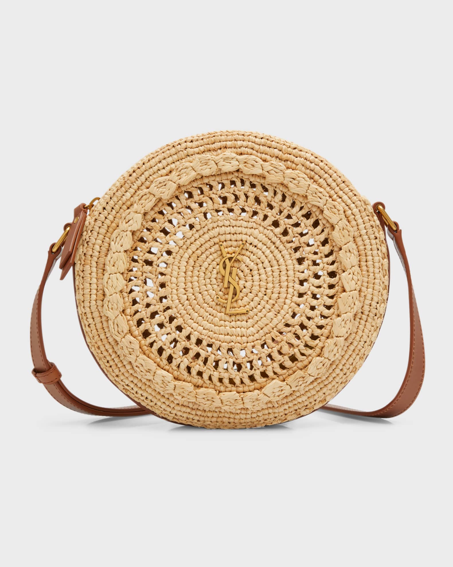 Saint Laurent Ysl Round Raffia Crossbody Bag Natural/Brick