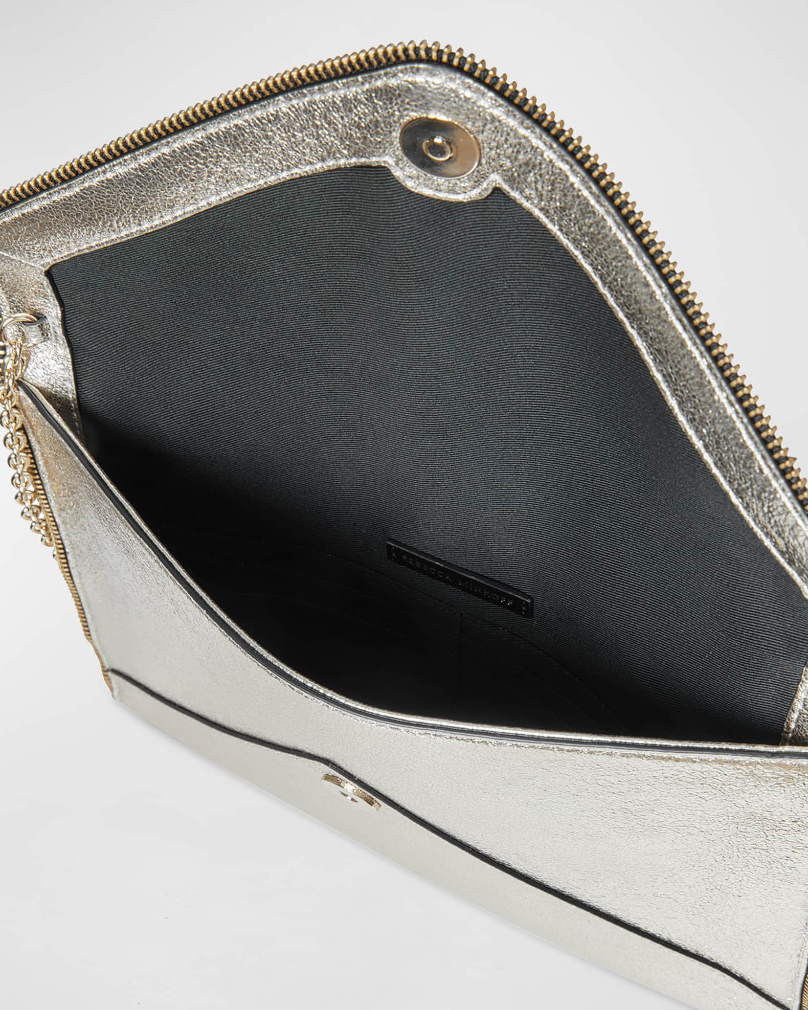 Rebecca Minkoff Leo Metallic Leather Clutch Bag w Chain Strap Neiman Marcus