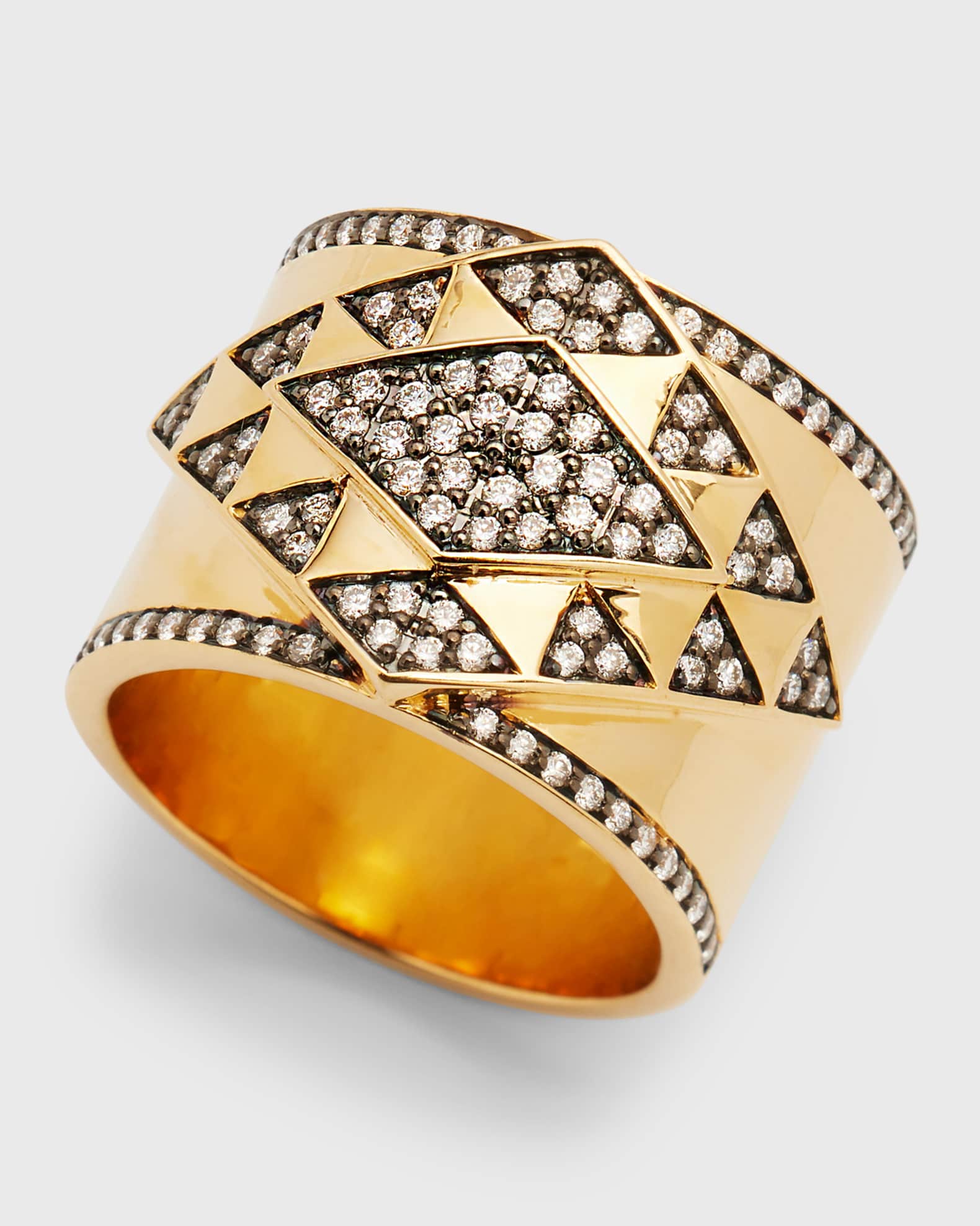 18K Yellow Gold Amina Cigar Band With Diamonds and Black Rhodium, Size 7 1