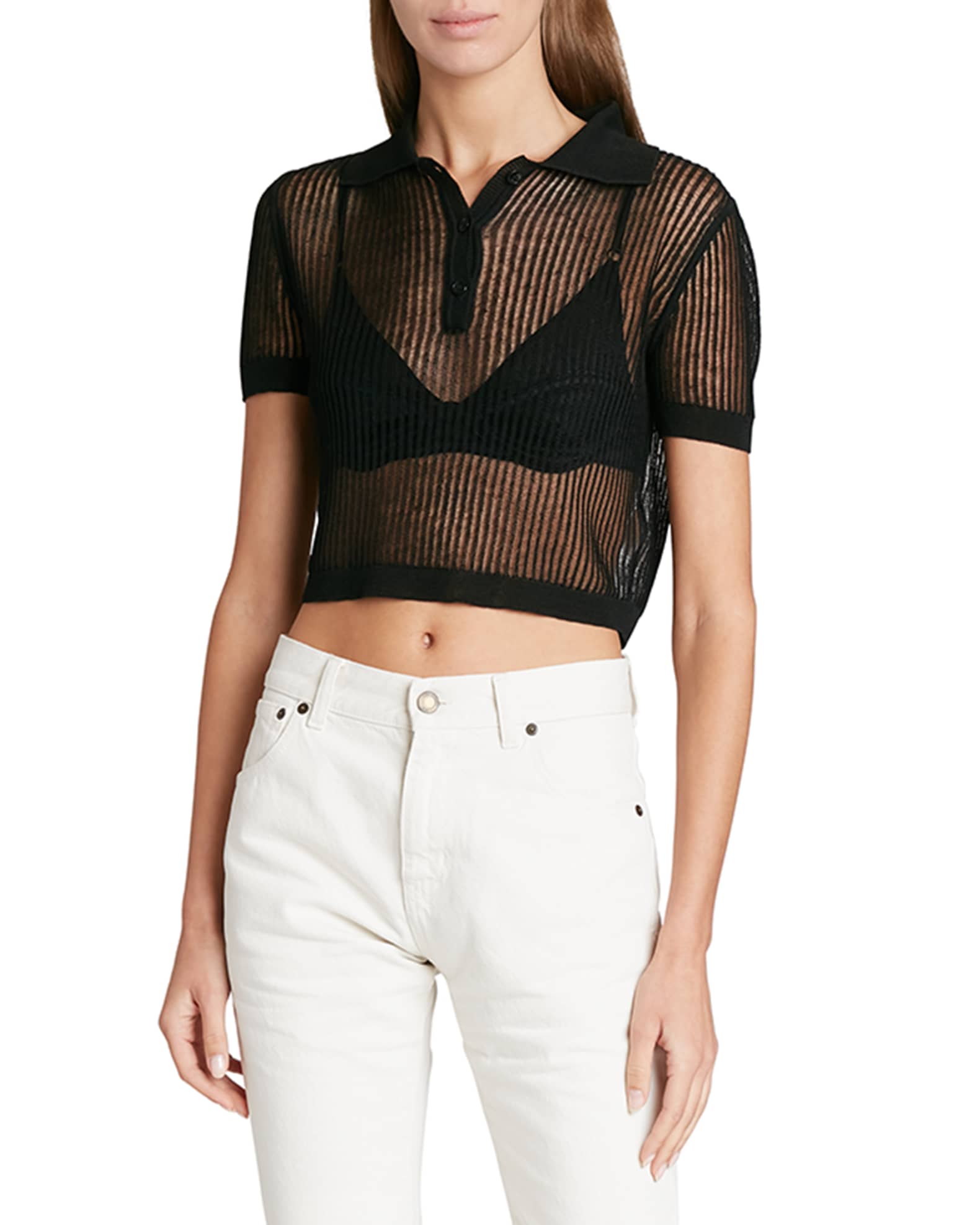 Cropped Rib Open-Knit Polo Shirt