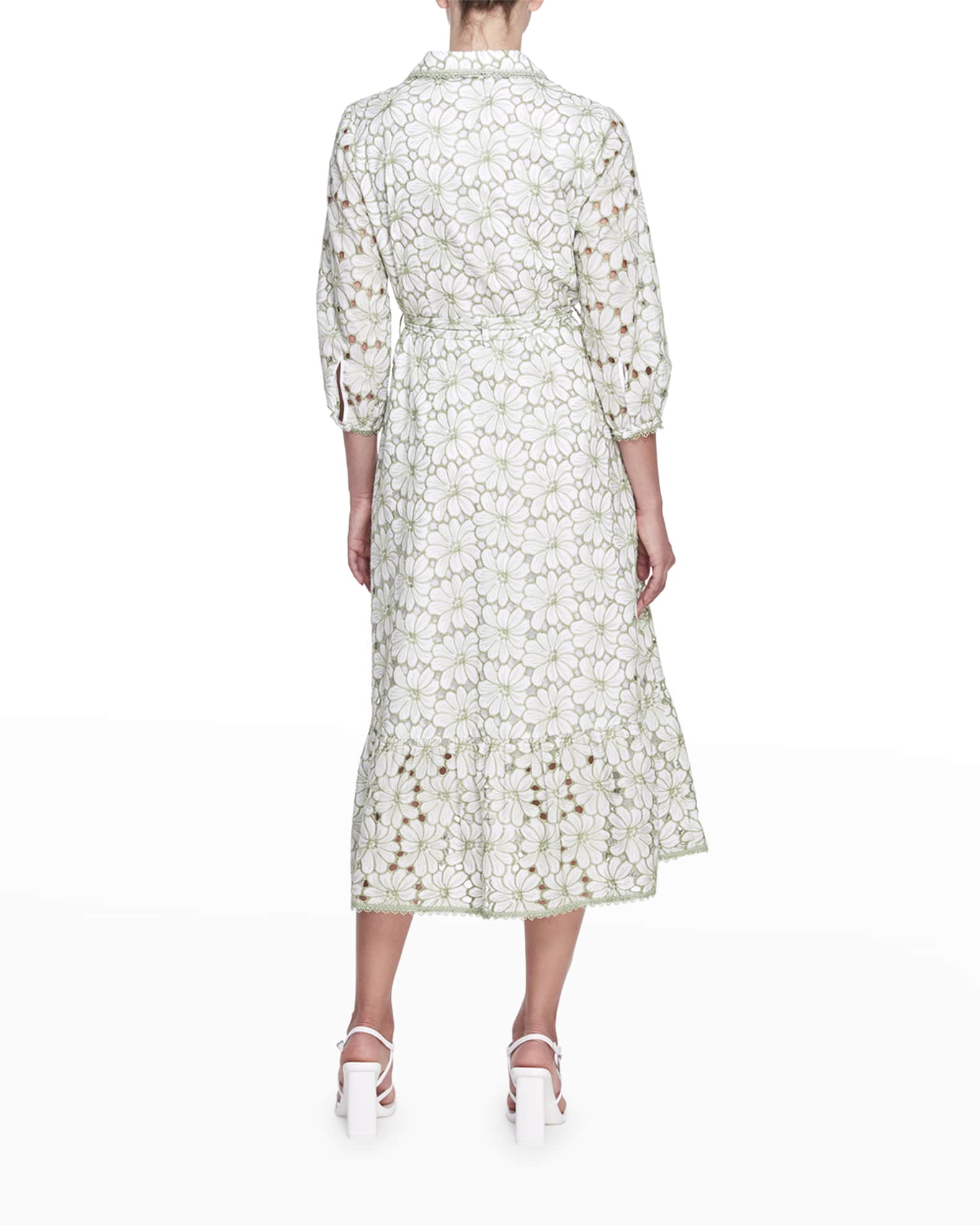 Marchesa Notte Floral-Print Midi Dress w/ Lace Trim | Neiman Marcus