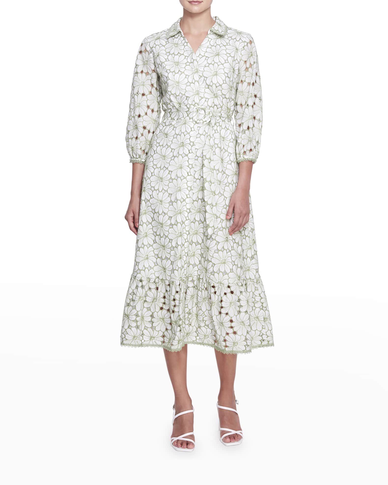 Marchesa Notte Floral-Print Midi Dress w/ Lace Trim | Neiman Marcus
