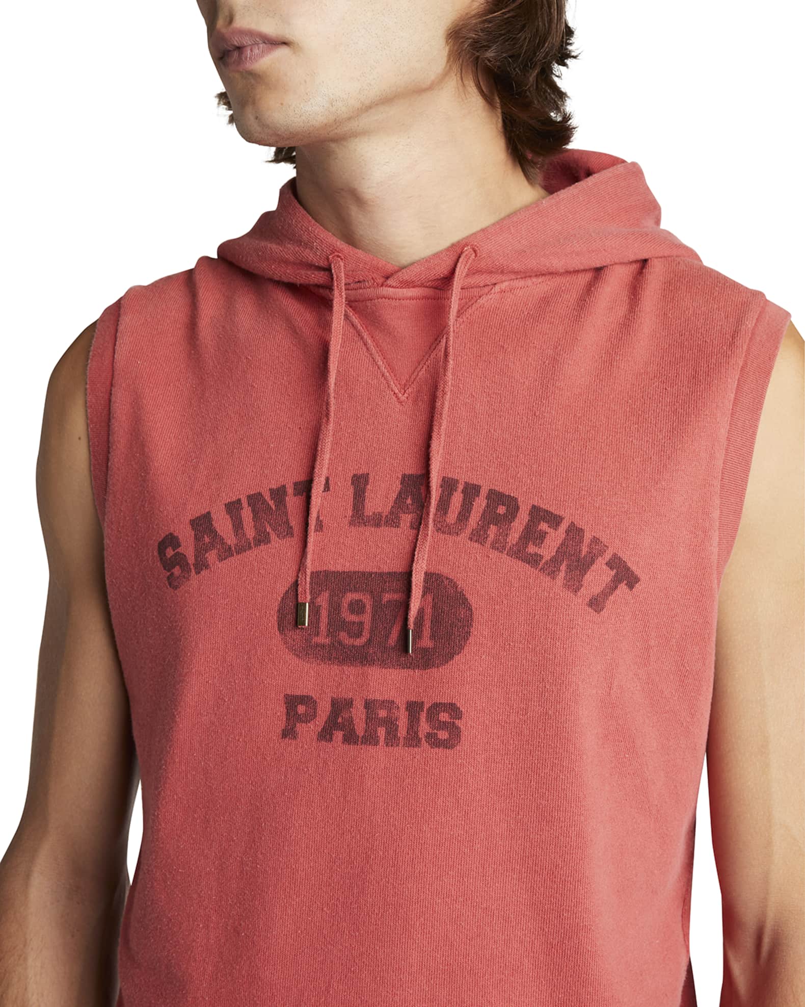 Saint Laurent Men's Sleeveless Logo Hoodie | Neiman Marcus