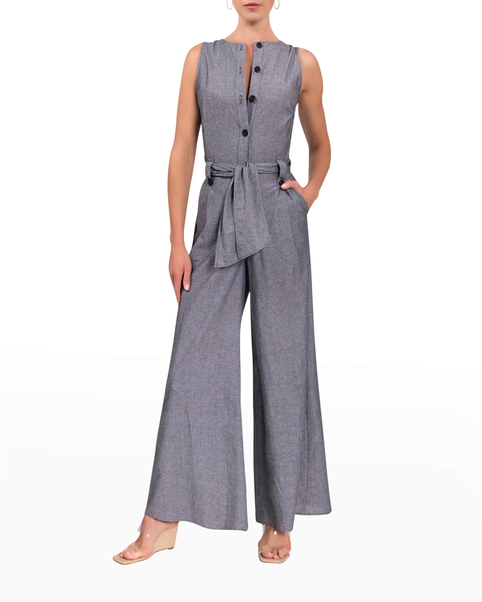 Everyday Ritual Tori Chambray Front-Tie Wide-Leg Jumpsuit | Neiman Marcus