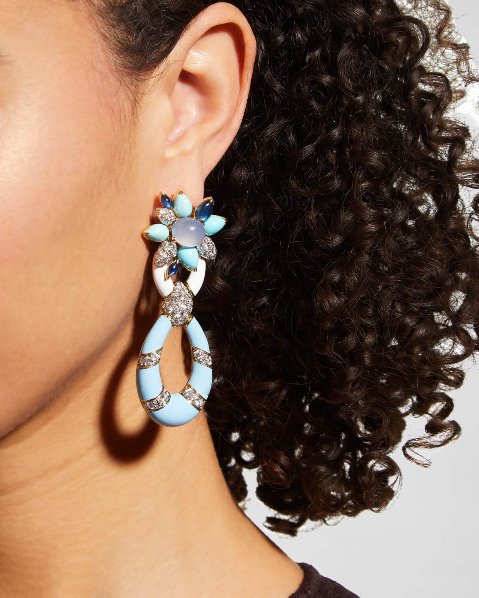 Yellow Gold and Platinum Asheville Earrings with Blue Chalcedony, Turquoise and Sapphires 1