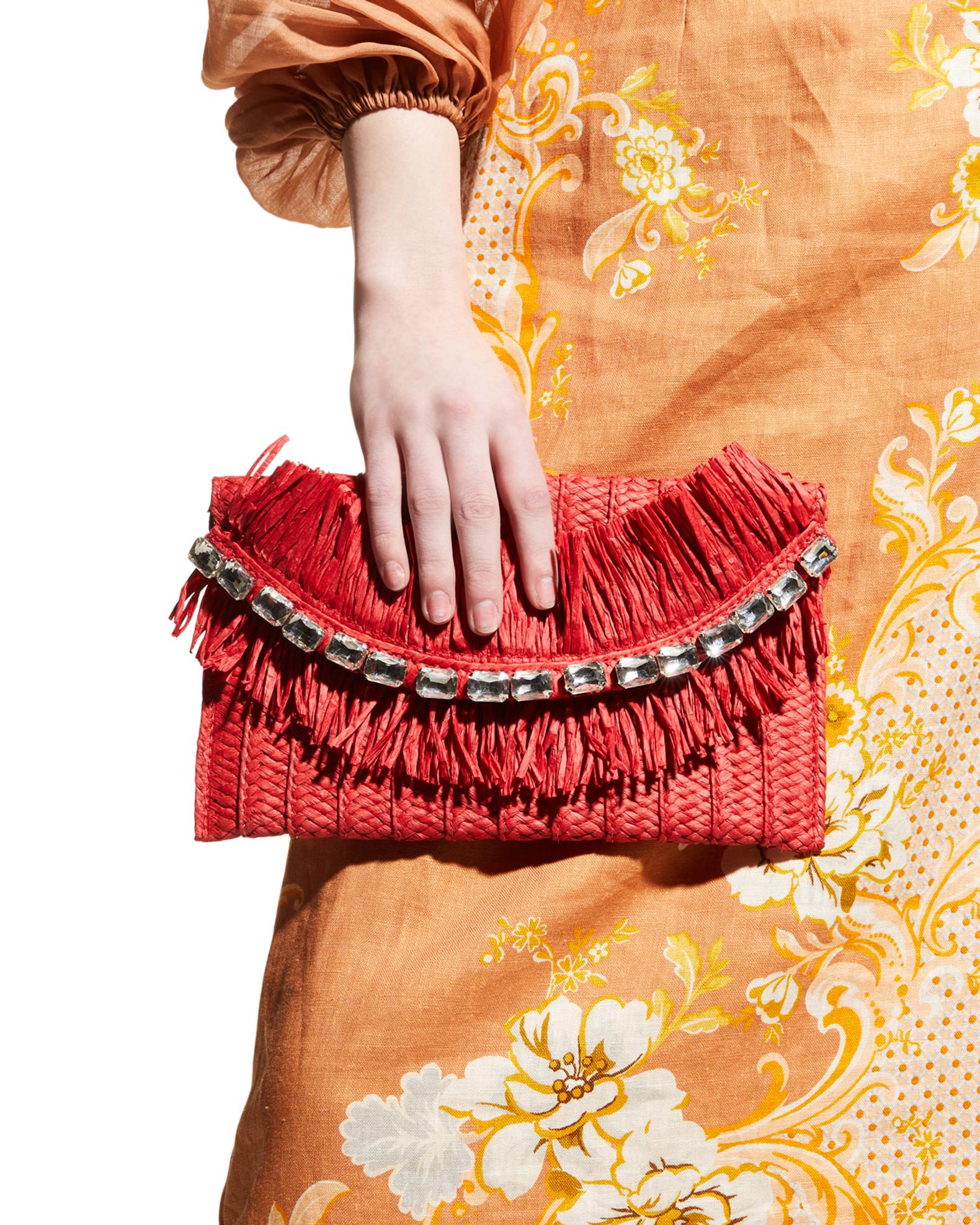 Borsa BTB Los Angeles Skylar Tote Paglia Rossa Con Cristalli E Frange