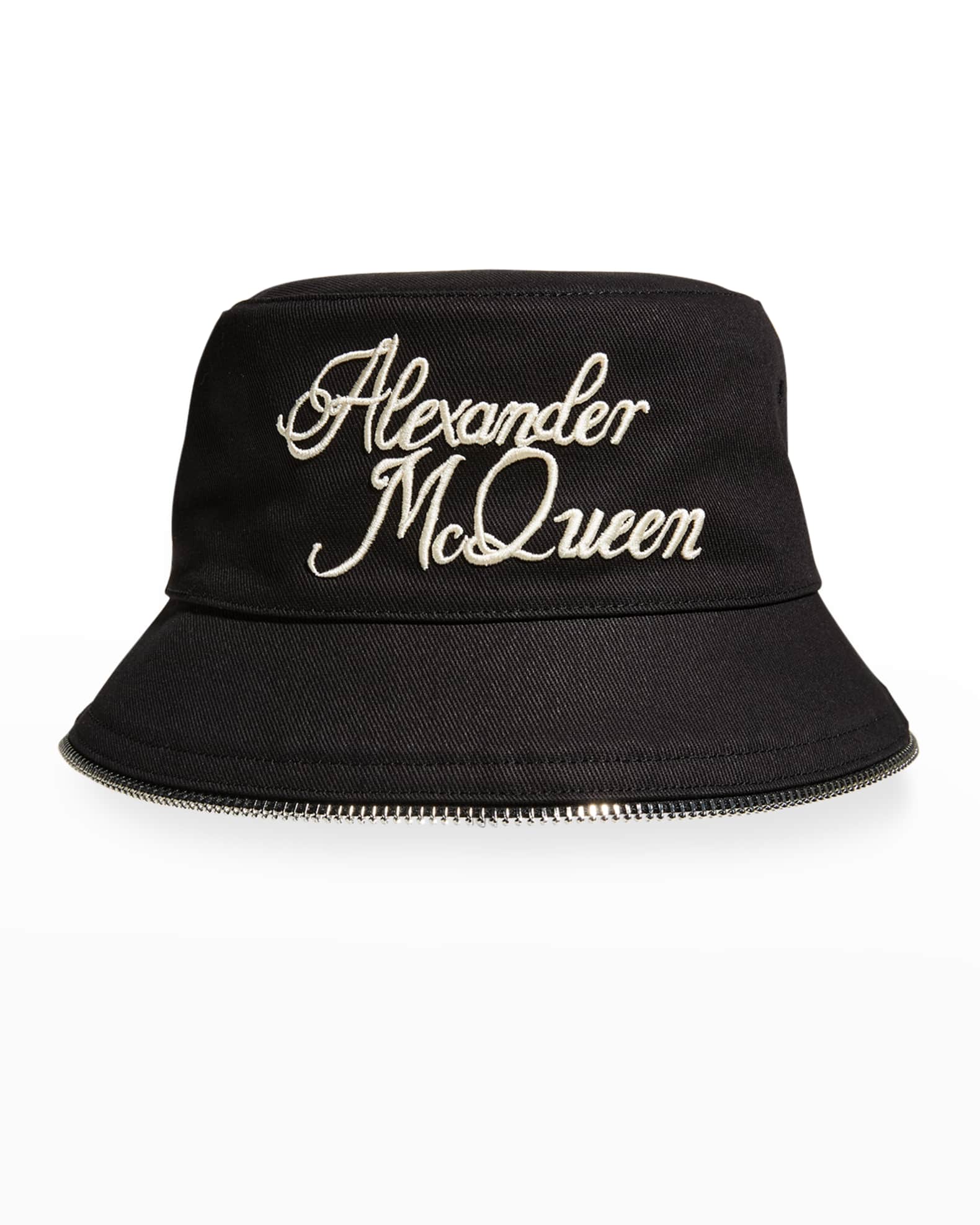Alexander McQueen Men's Logo Script Zip Brim Bucket Hat Neiman Marcus
