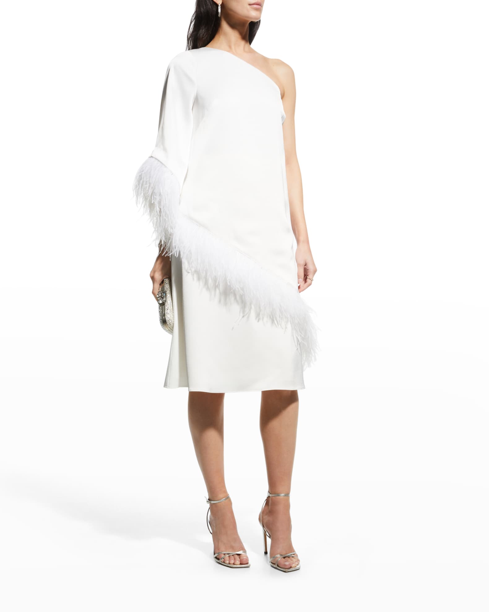 Aidan Mattox Asymmetric Draped Feather-Trim Dress | Neiman Marcus