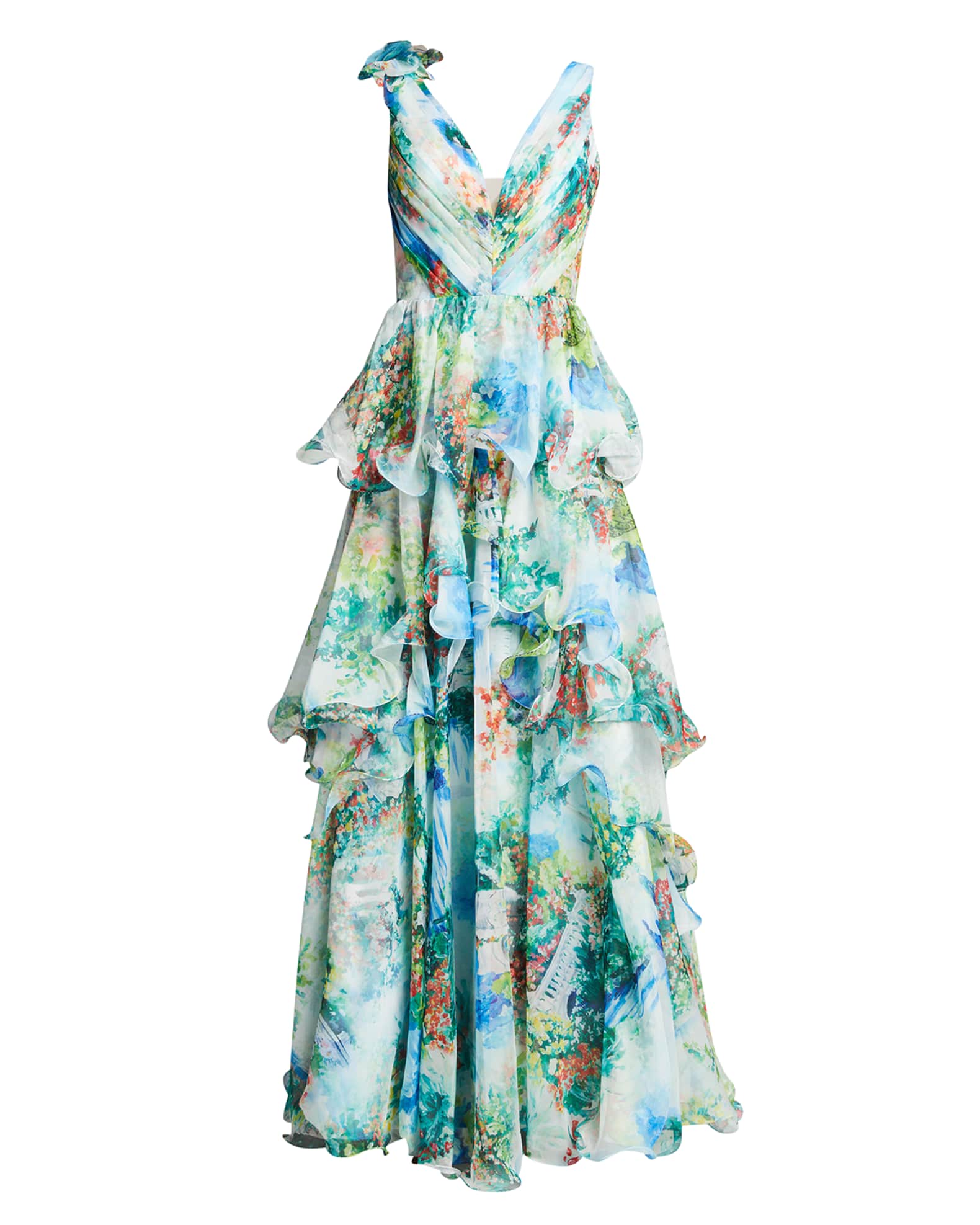Marchesa Notte Tiered Chiffon Gown w/ 3D Floral Corsage | Neiman Marcus