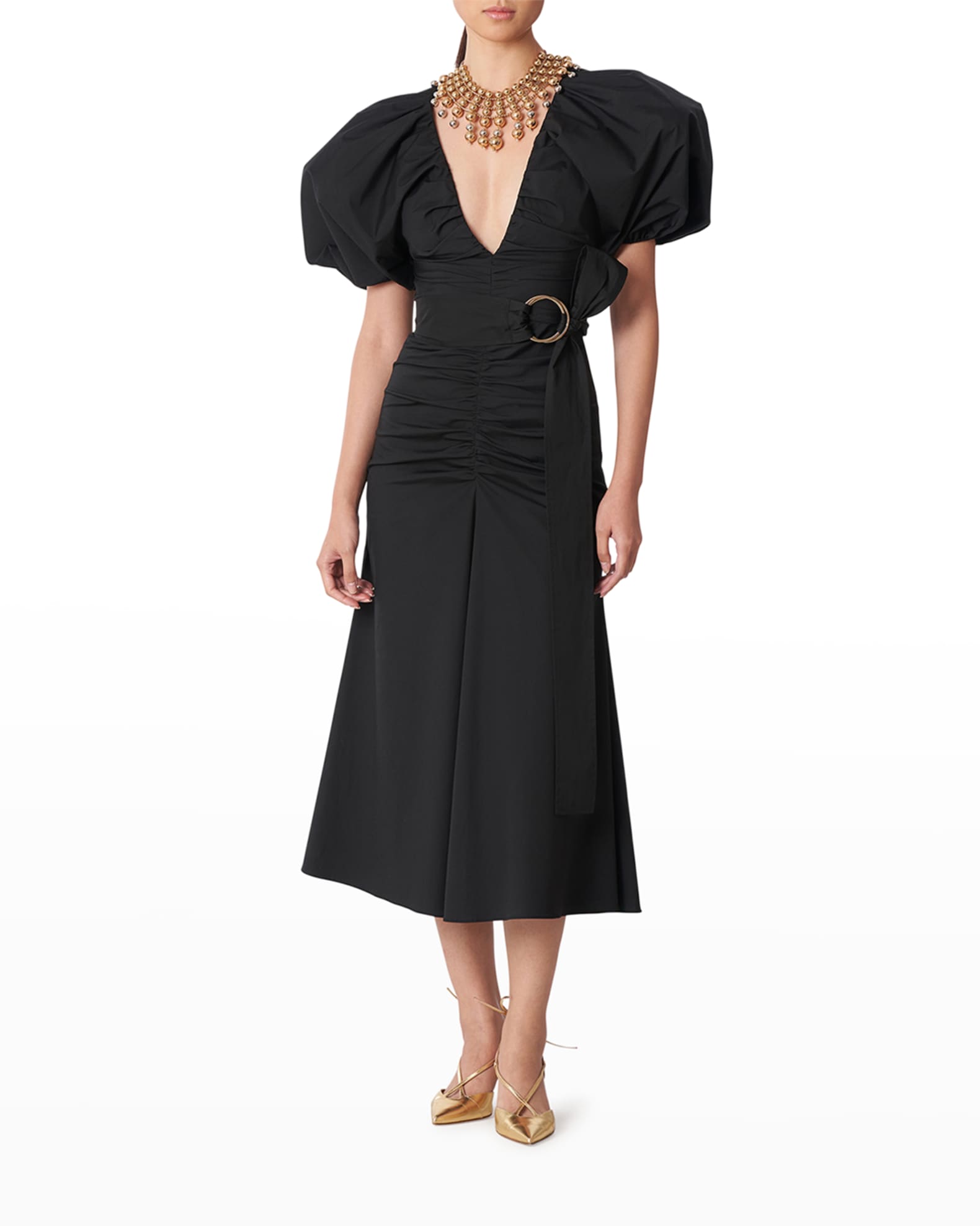 Carolina Herrera Plunging Puff-Sleeve Ruched Midi Dress | Neiman Marcus