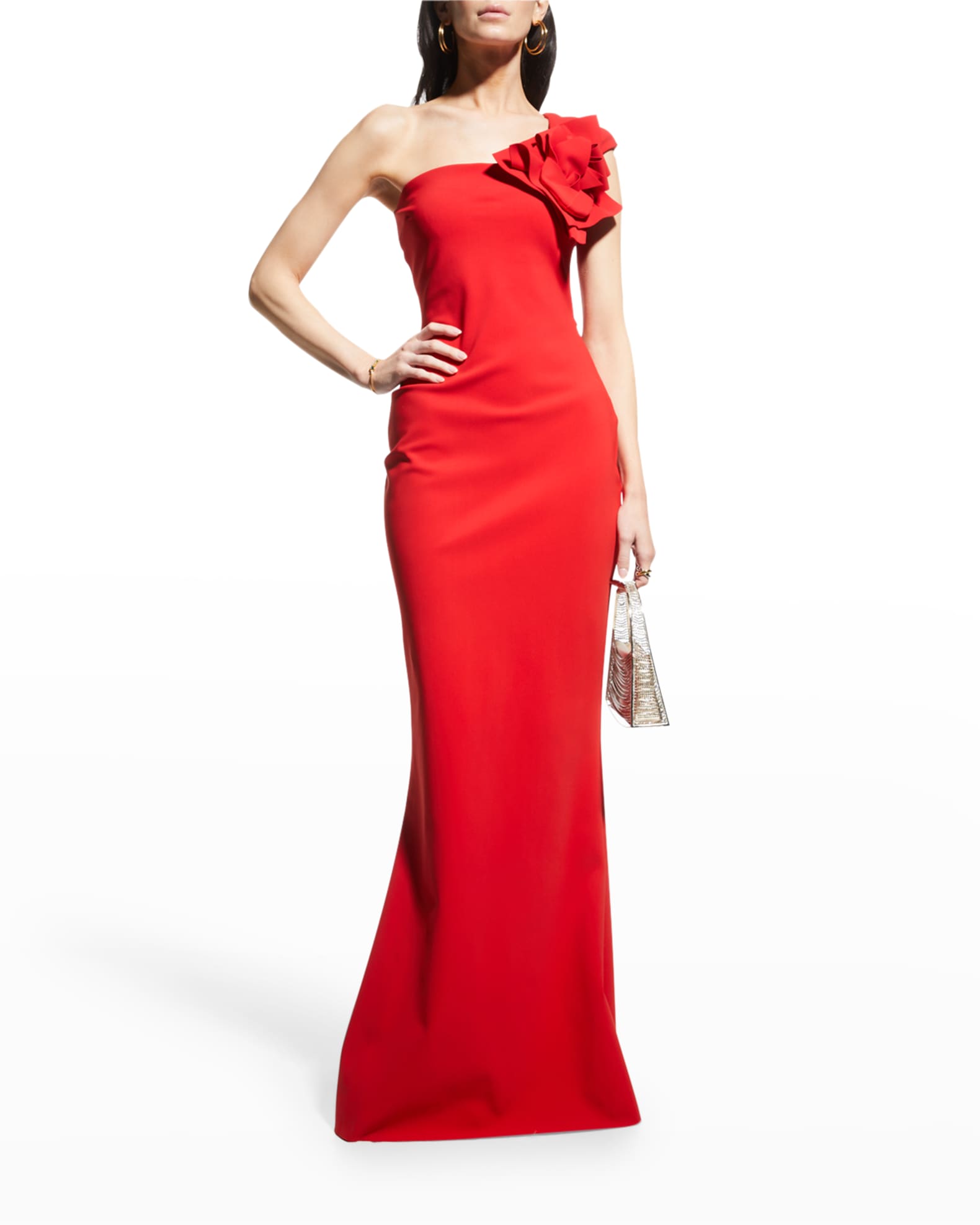 Flower-Embellished One-Shoulder Gown 0