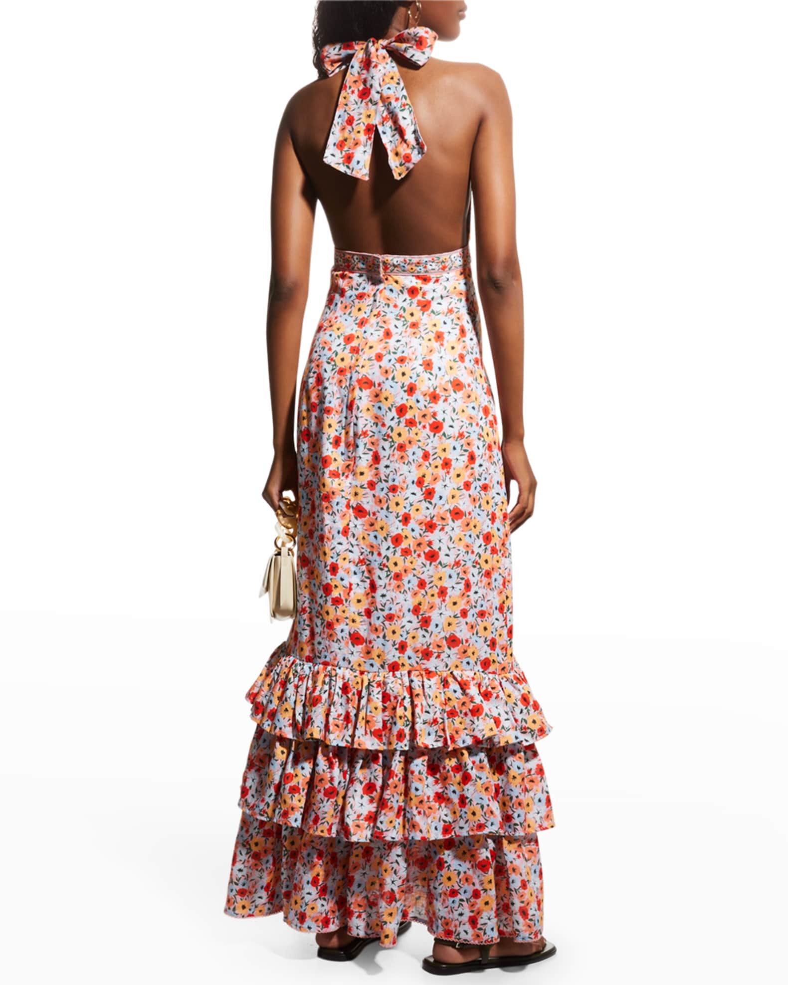 Agua by Agua Bendita Magnolia Printed Linen Halter Maxi Dress Neiman