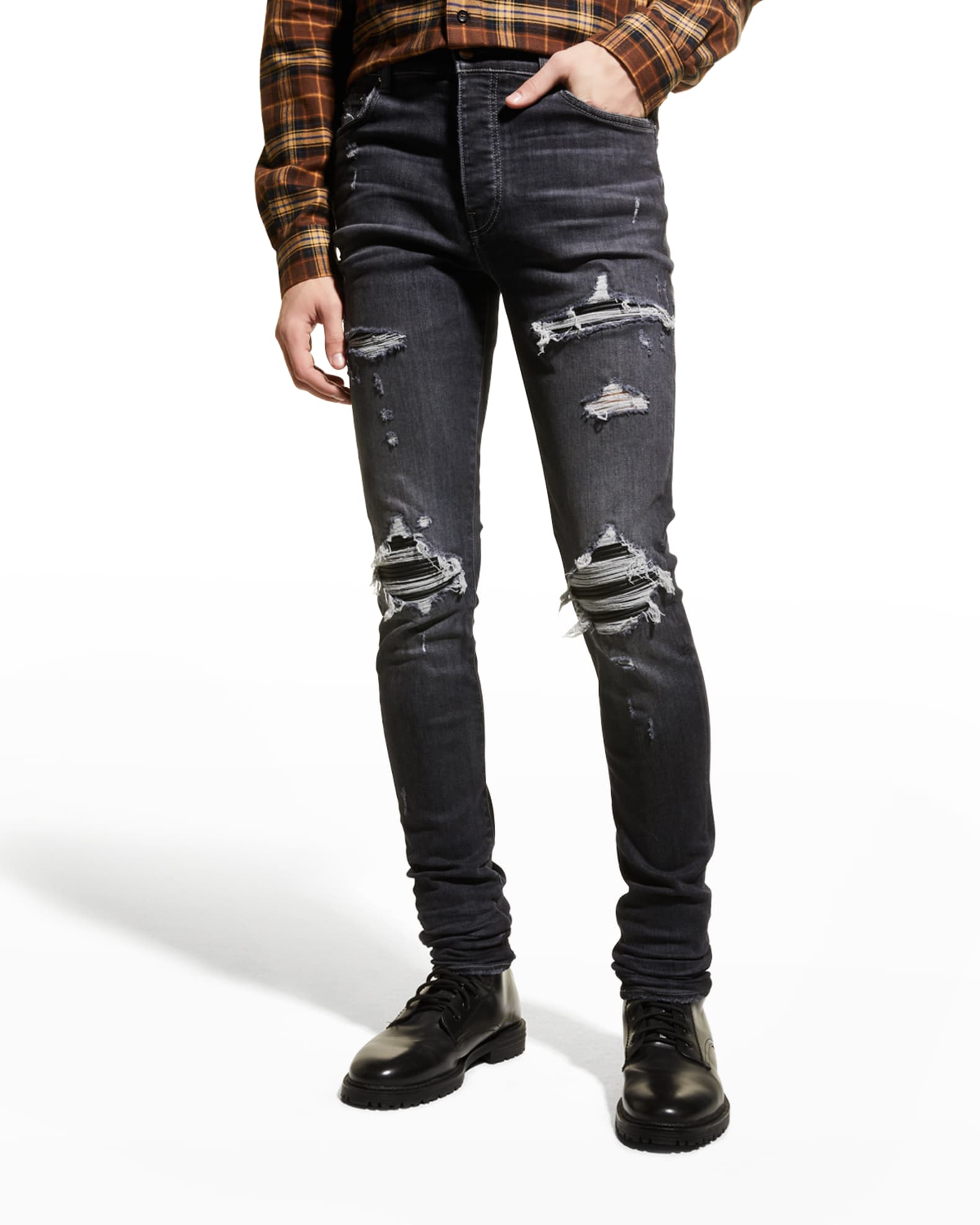 Amiri Men's MX1 LeatherPatch Skinny Jeans Neiman Marcus