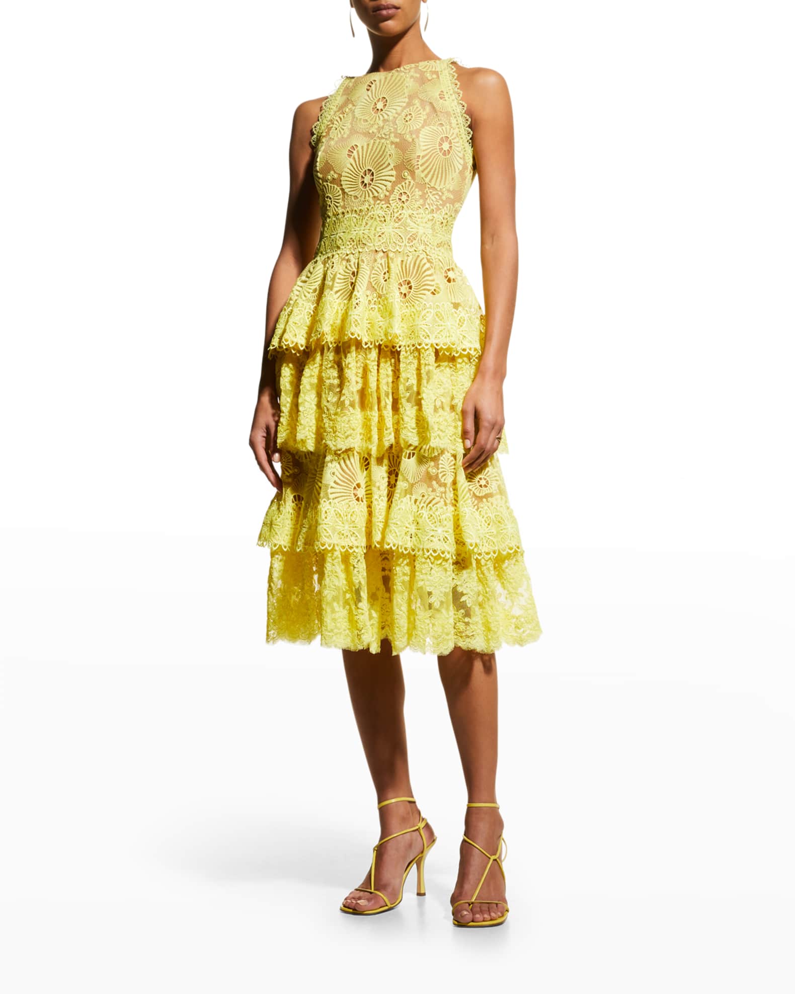 Bronx and Banco Bridget Ruffle-Tiered Lace Midi Dress | Neiman Marcus