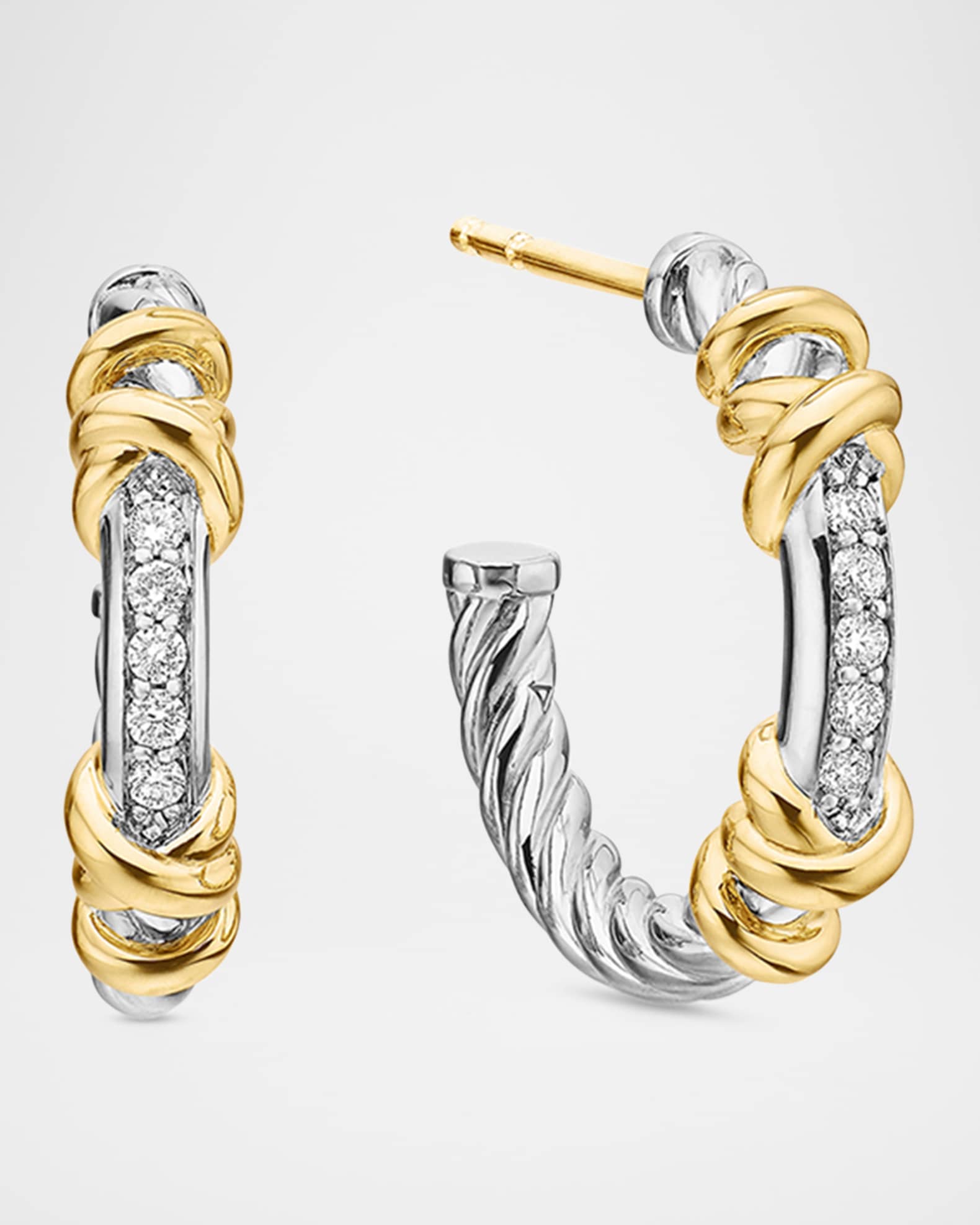David Yurman Petite Helena Hoop Earrings in Sterling Silver with 18K Gold Diamonds 0.75 Neiman Marcus