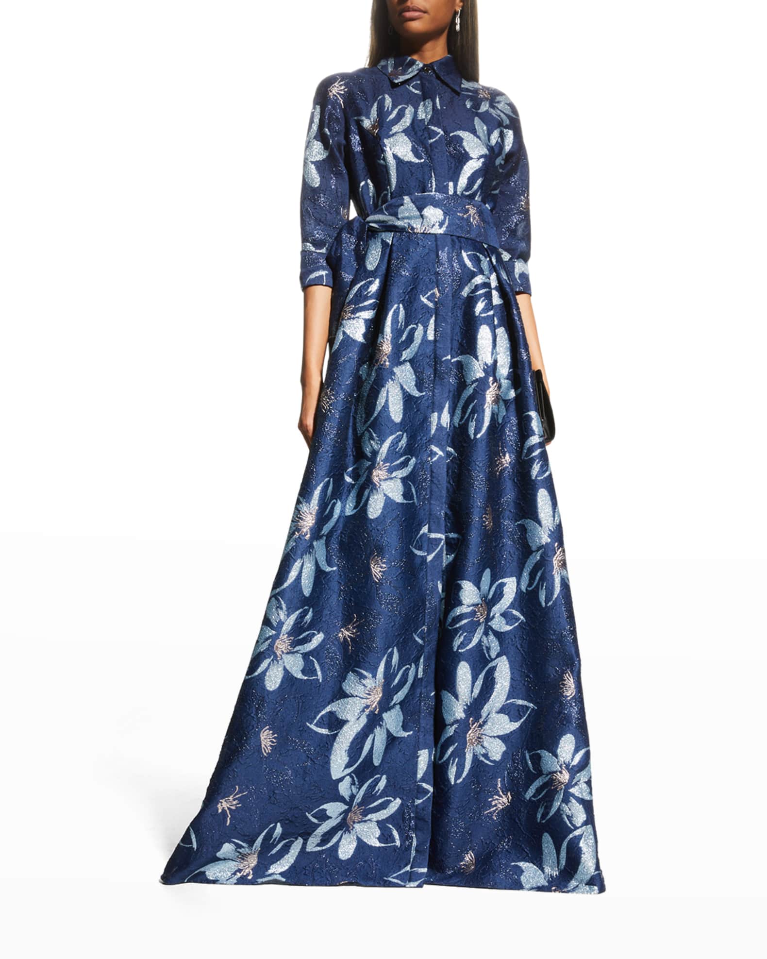 Rickie Freeman for Teri Jon Metallic Floral Jacquard Shirtdress Gown ...