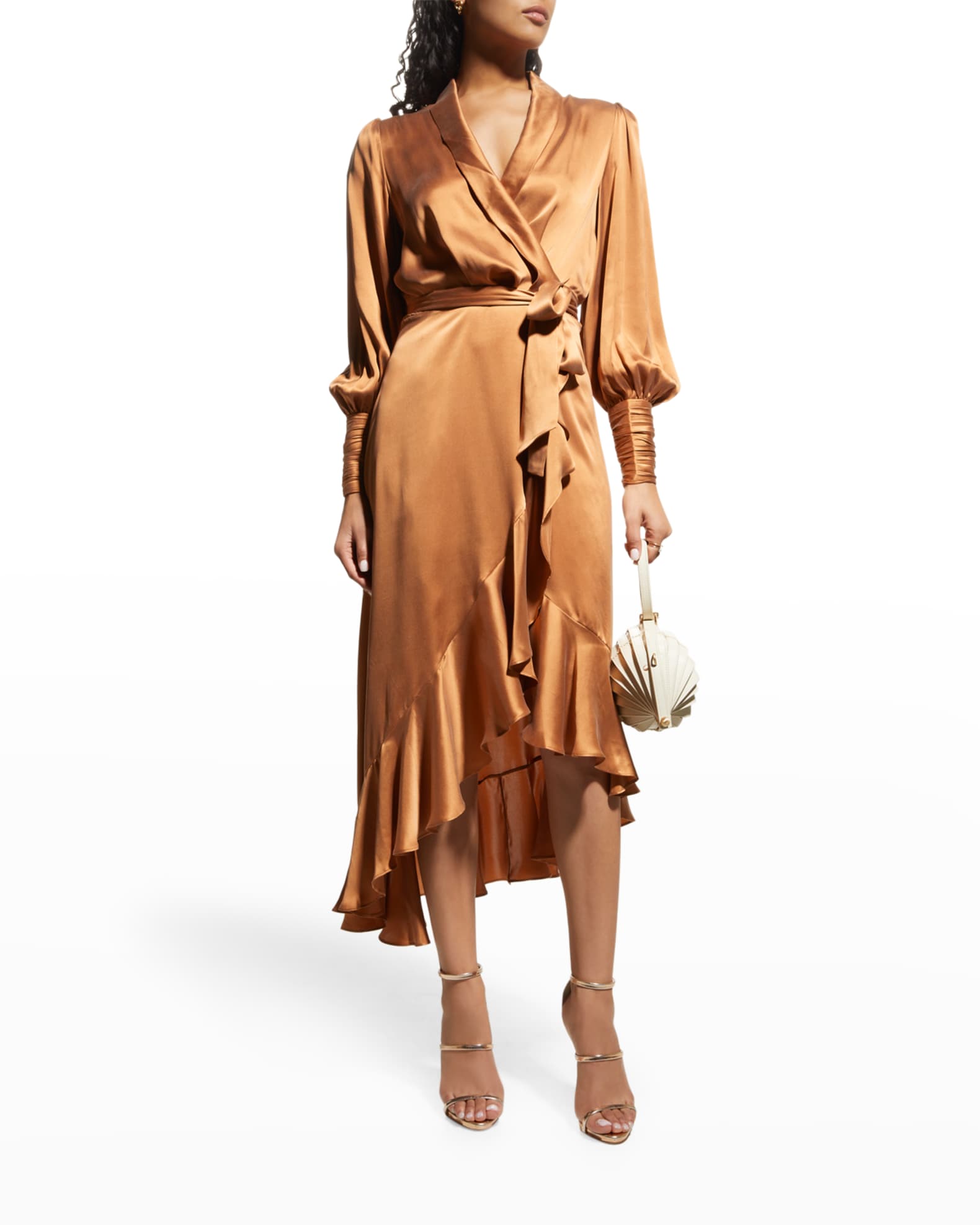 Zimmermann Blouson-Sleeve Silk Wrap Midi Dress | Neiman Marcus