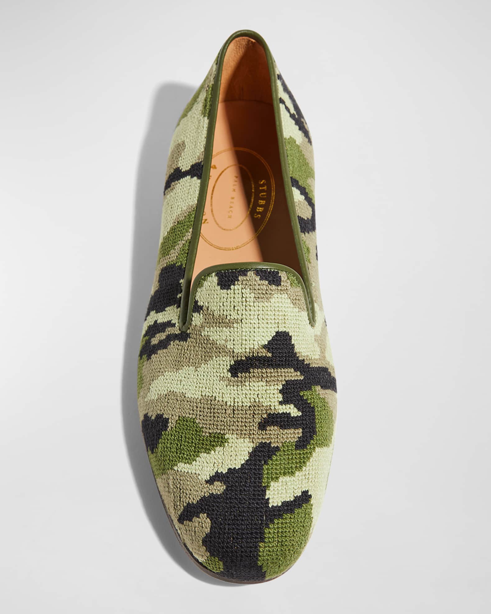Stubbs and Wootton Men s Camo Print Needlepoint Smoking Slippers Neiman Marcus