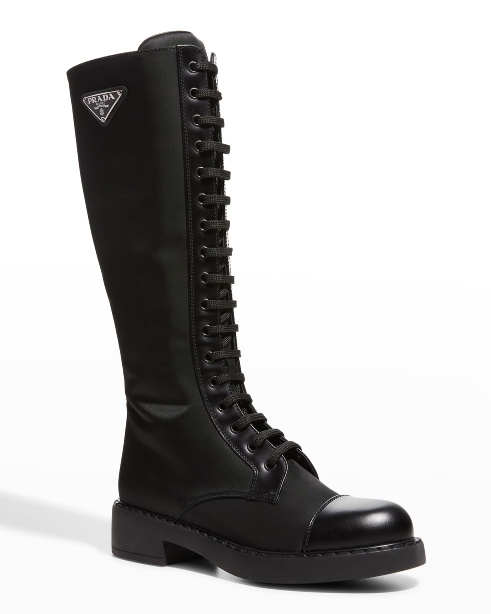 Prada Nylon Tall Lace-Up Combat Boots | Neiman Marcus