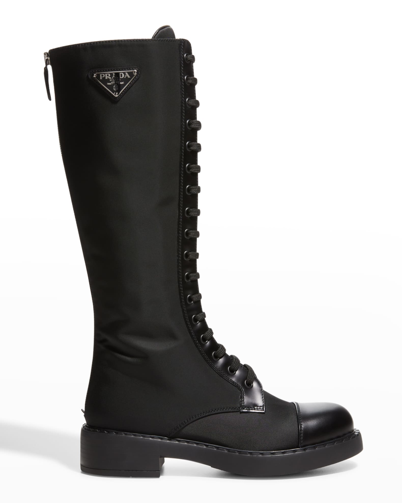 Black Prada Nylon Tall Lace-Up Combat Boots