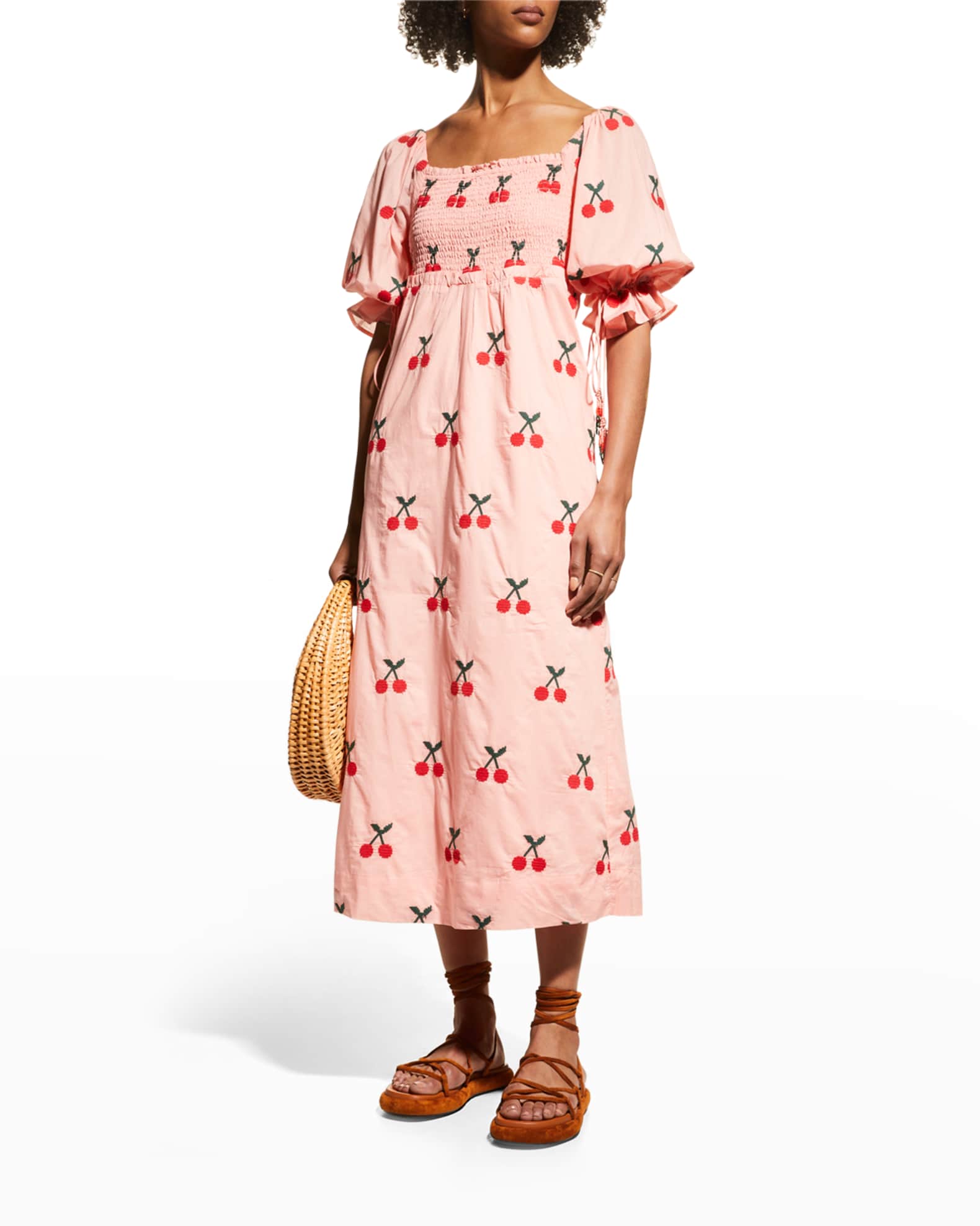 Farm Rio Cherry Cross Stitch Midi Dress | Neiman Marcus